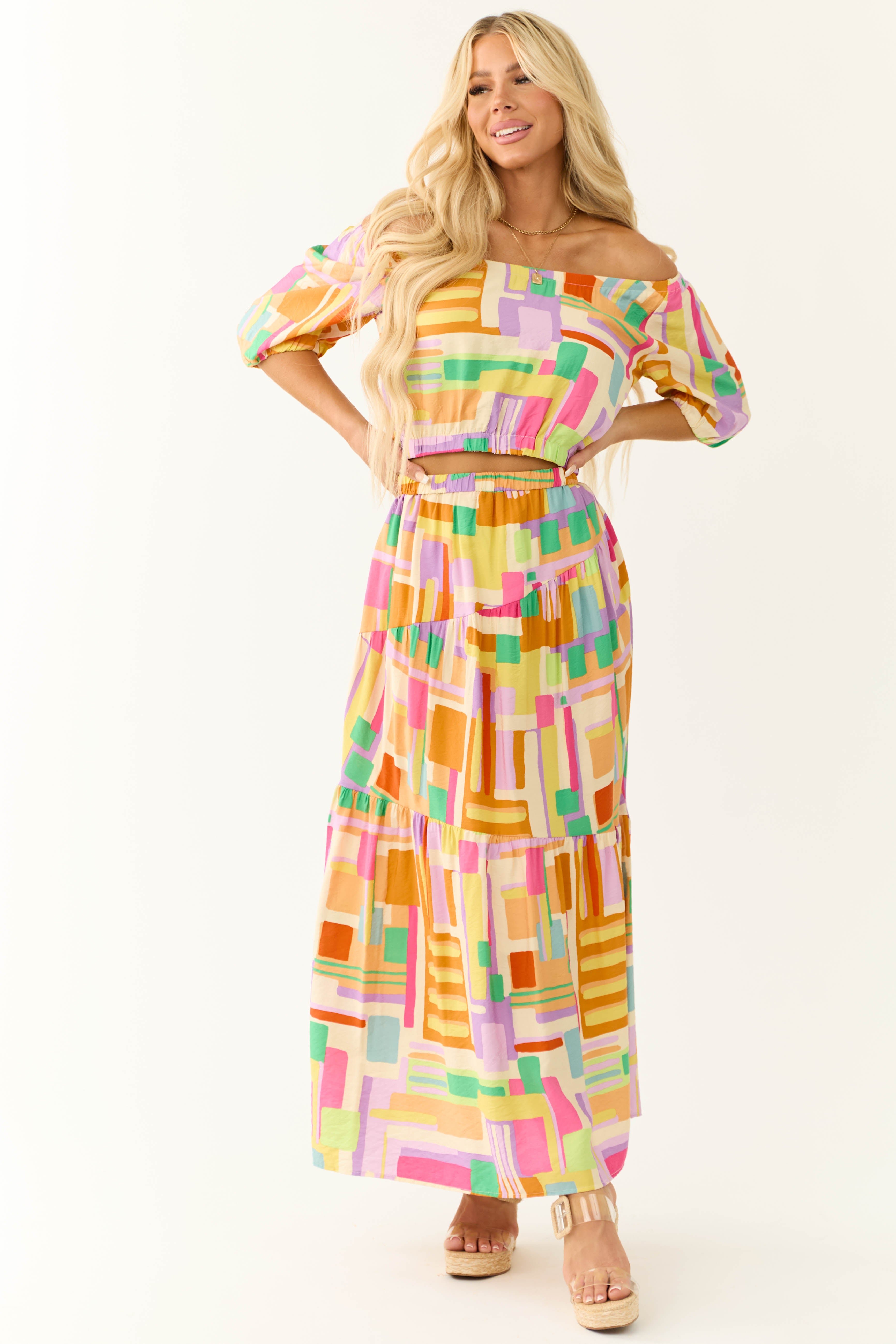 Cream Geo Print Maxi Skirt