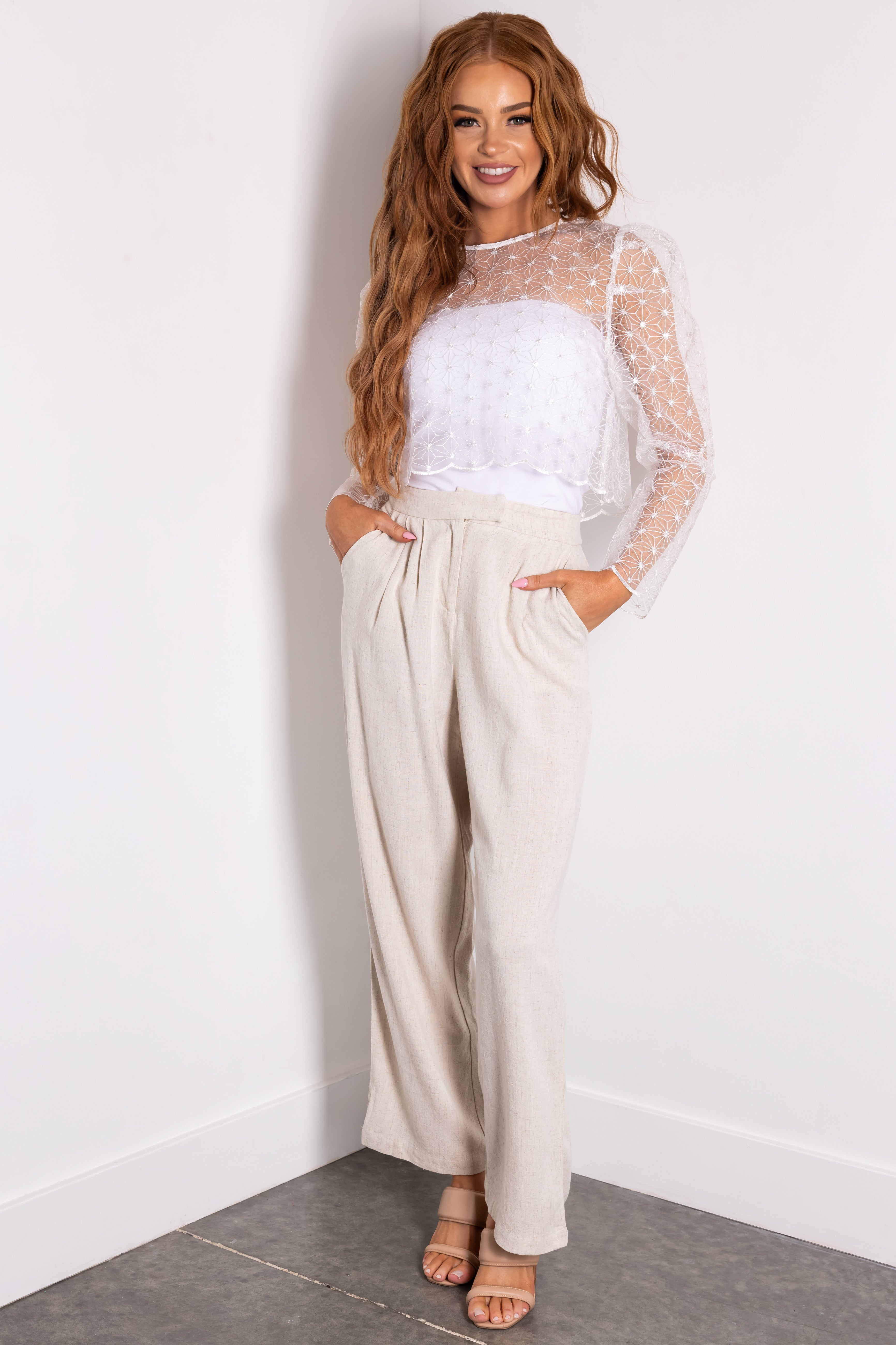 White Linen Straight Leg Pants with Elastic Back Waist