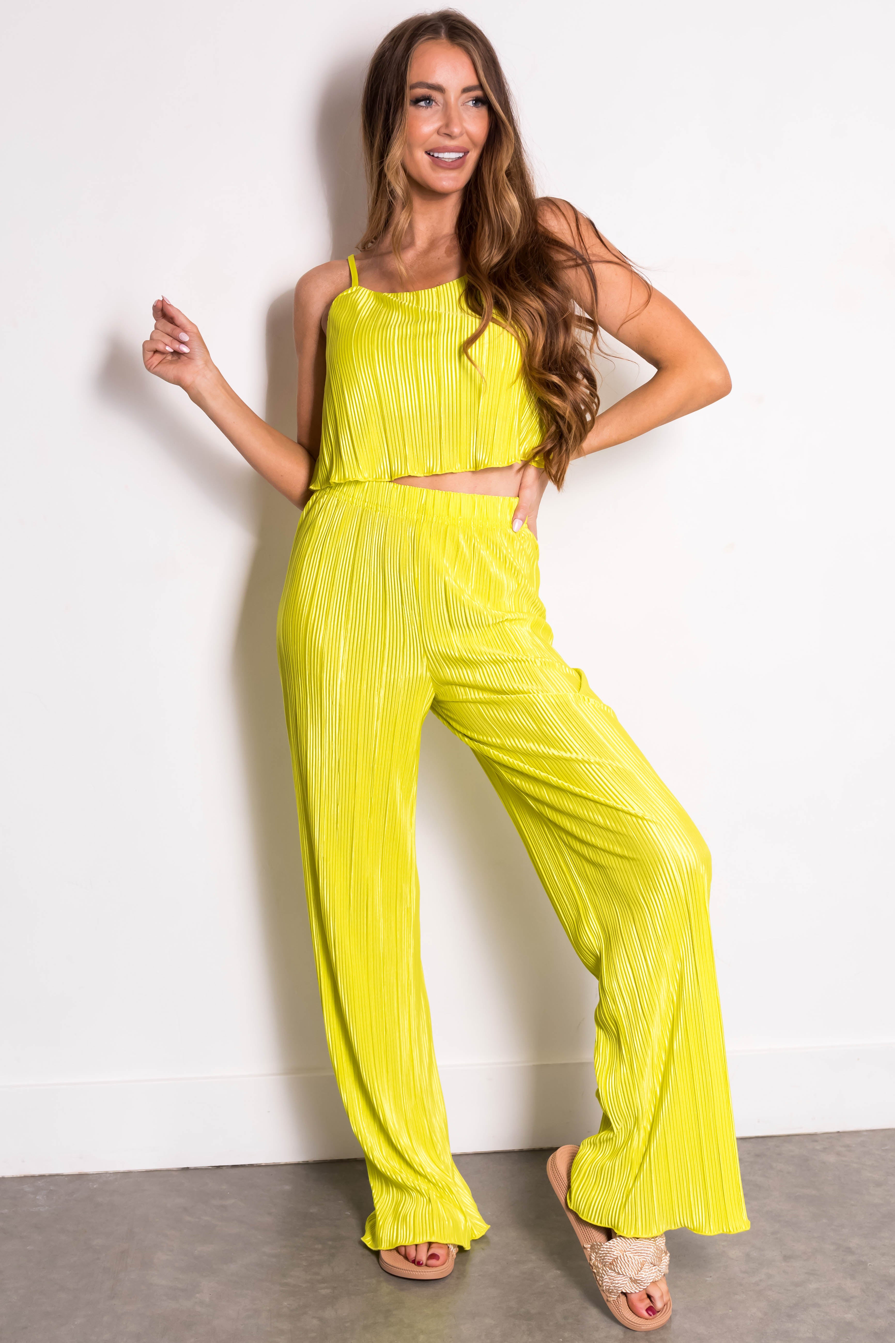 Green Silky Wide Leg Pants Set