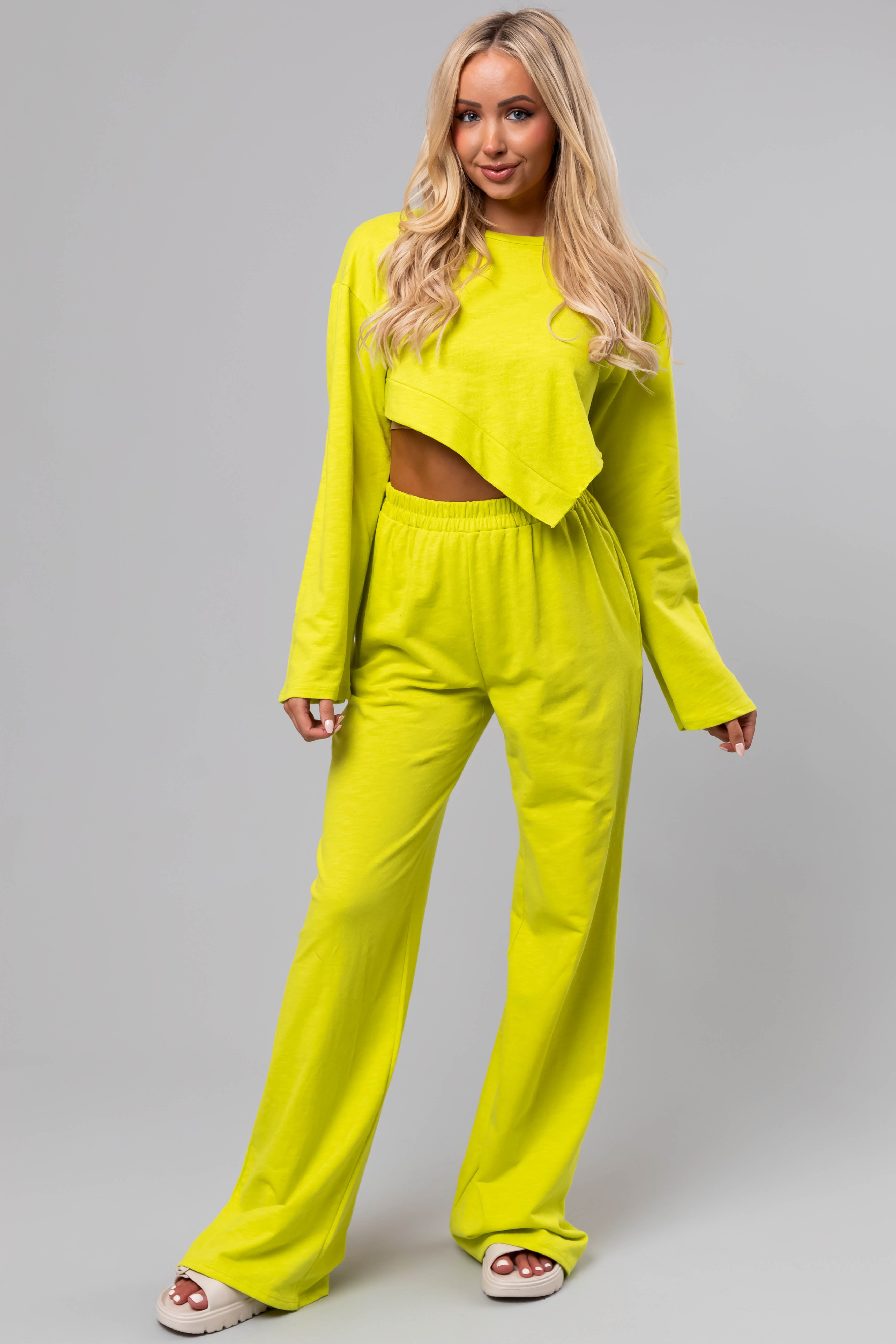 Green Knit Wide Leg Pants Set