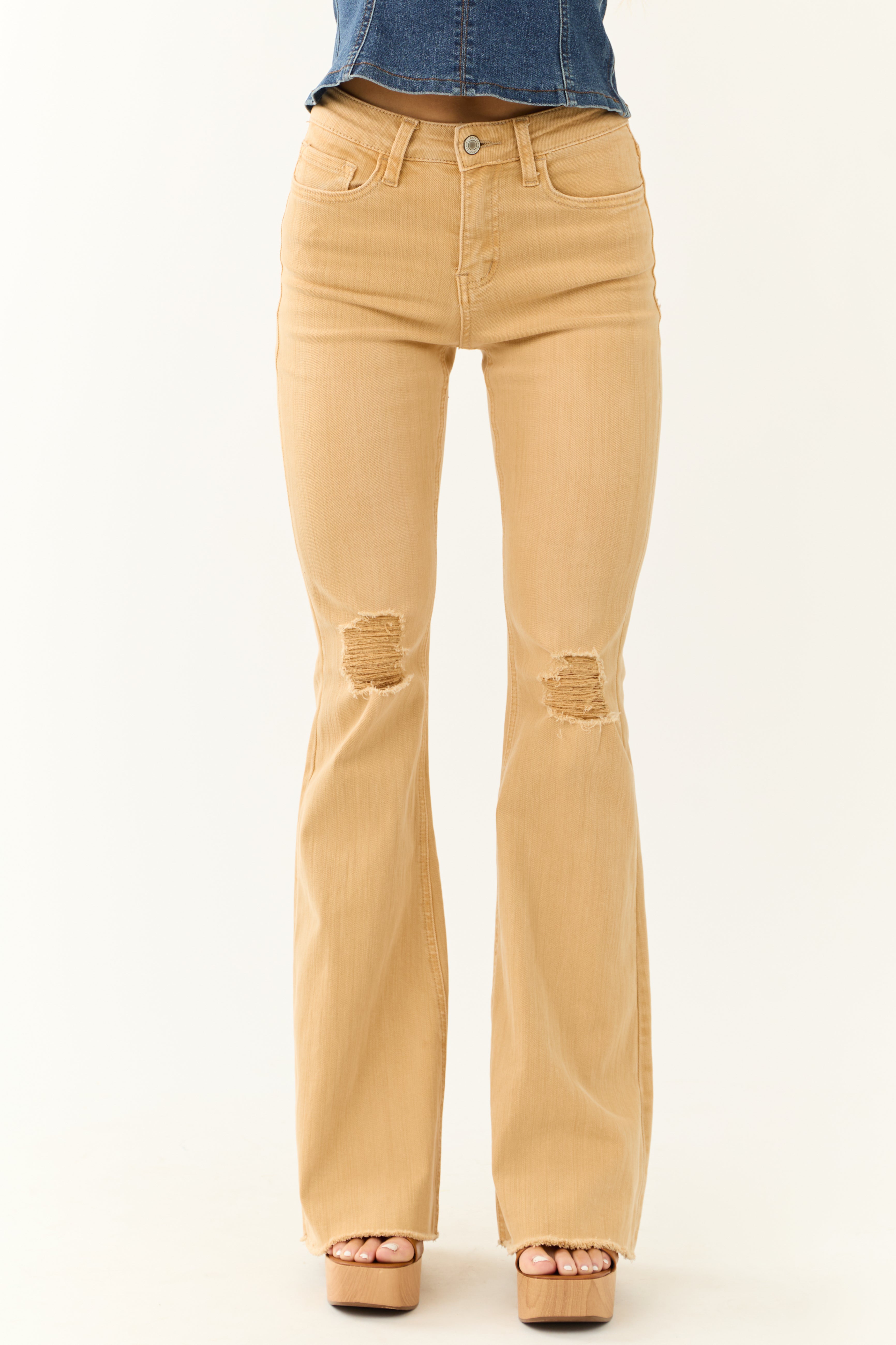 Mustard Distressed Flare Jeans High Rise Raw Hem 5 Pockets