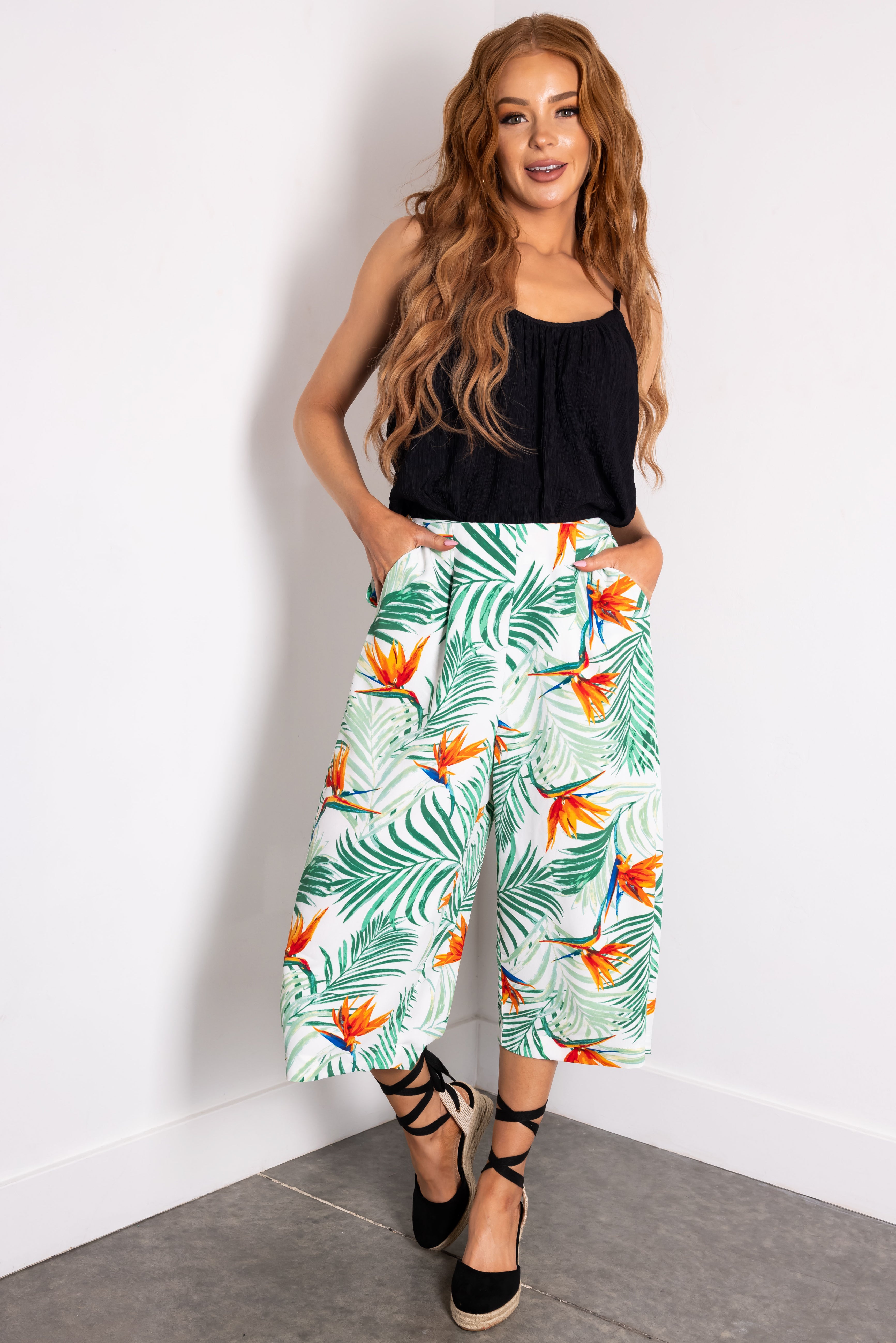 Tropical Print Wide Leg Flowy Pants in Jade and Floral
