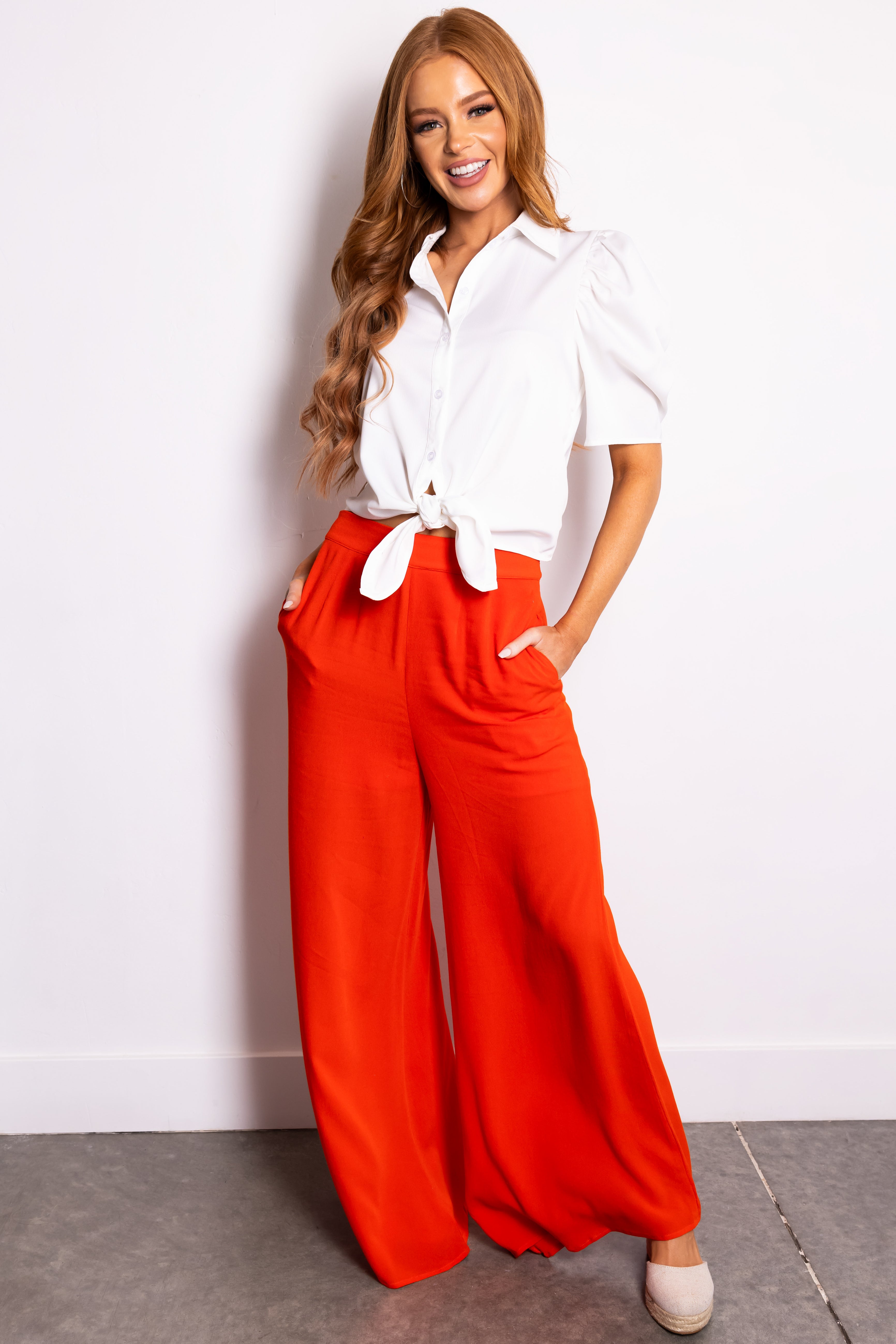 Vibrant Orange Asymmetrical Hem Wide Leg Pant