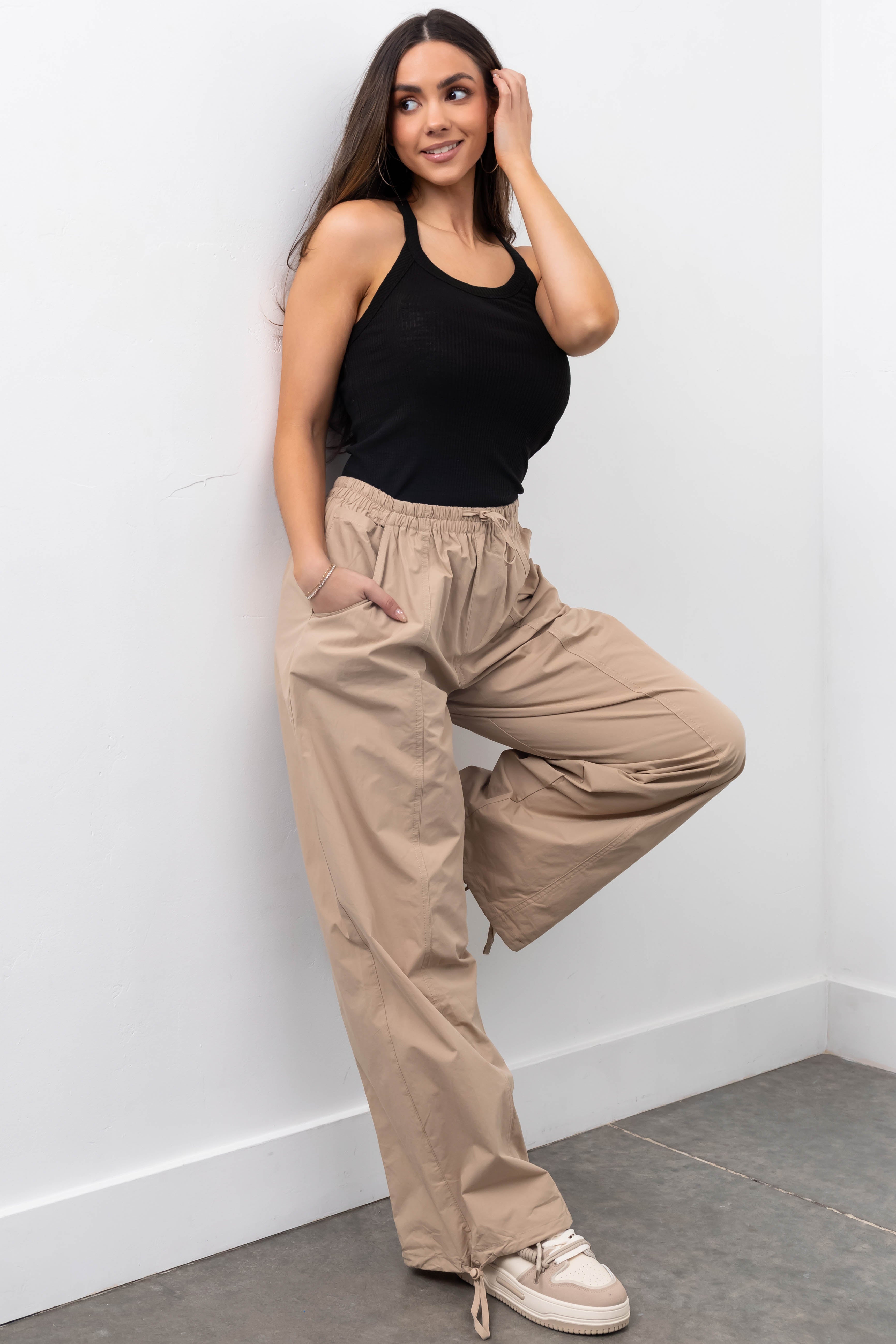 Taupe Drawstring Hem Windbreaker Wide Leg Pants