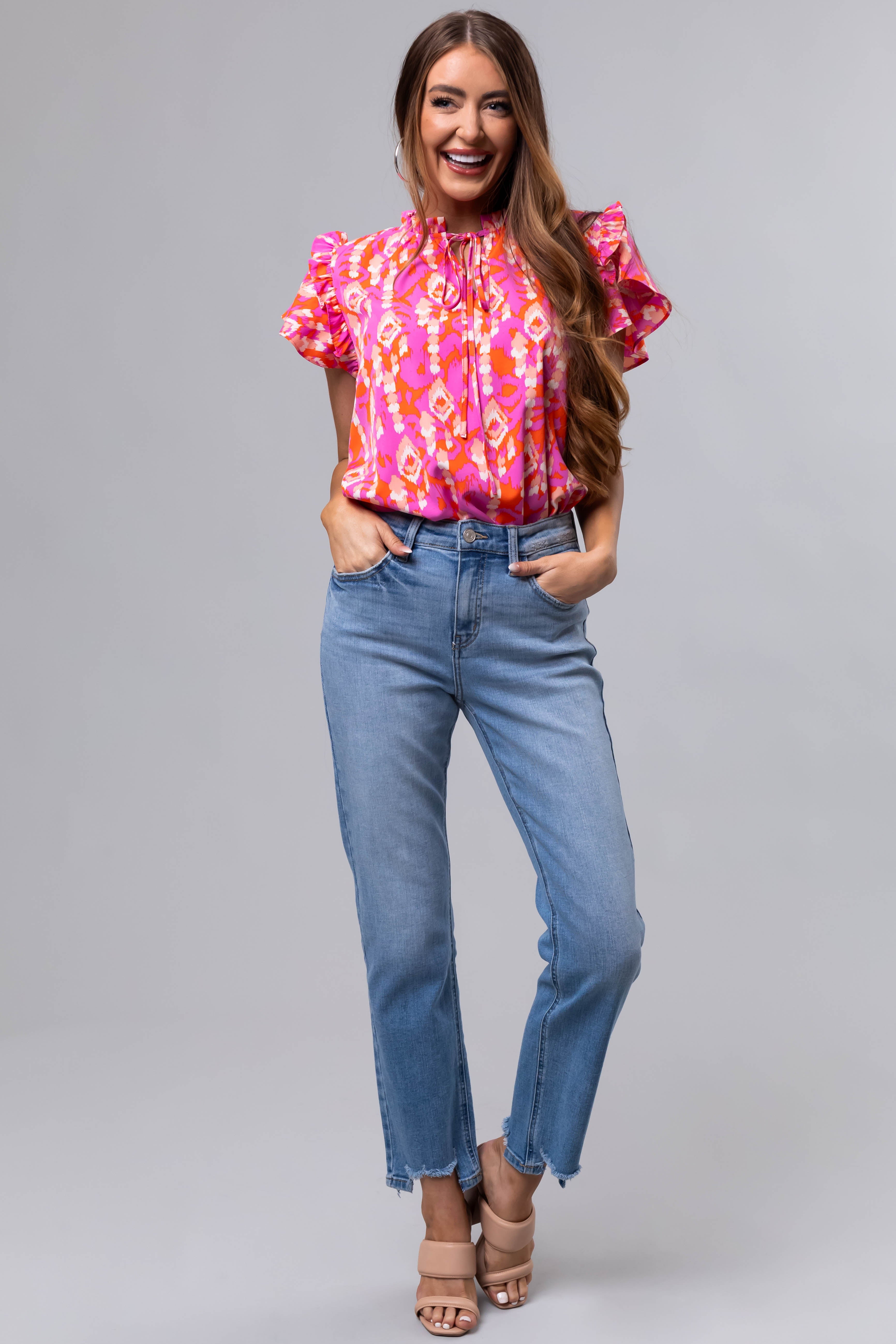 Distressed High Rise Straight Leg Blue Denim Jeans