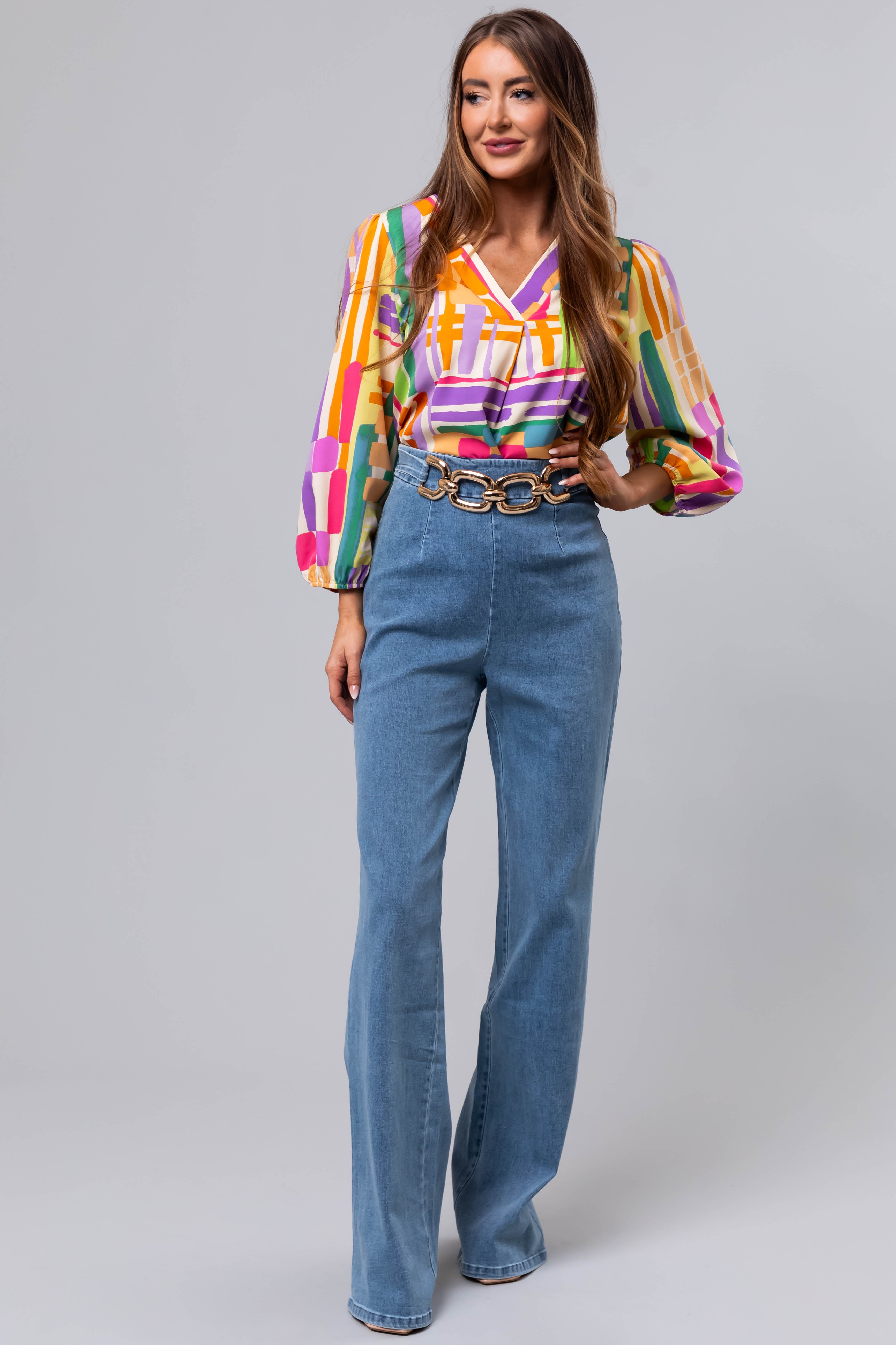 Light Wash High Waist Denim Pants with Gold Belt Detail