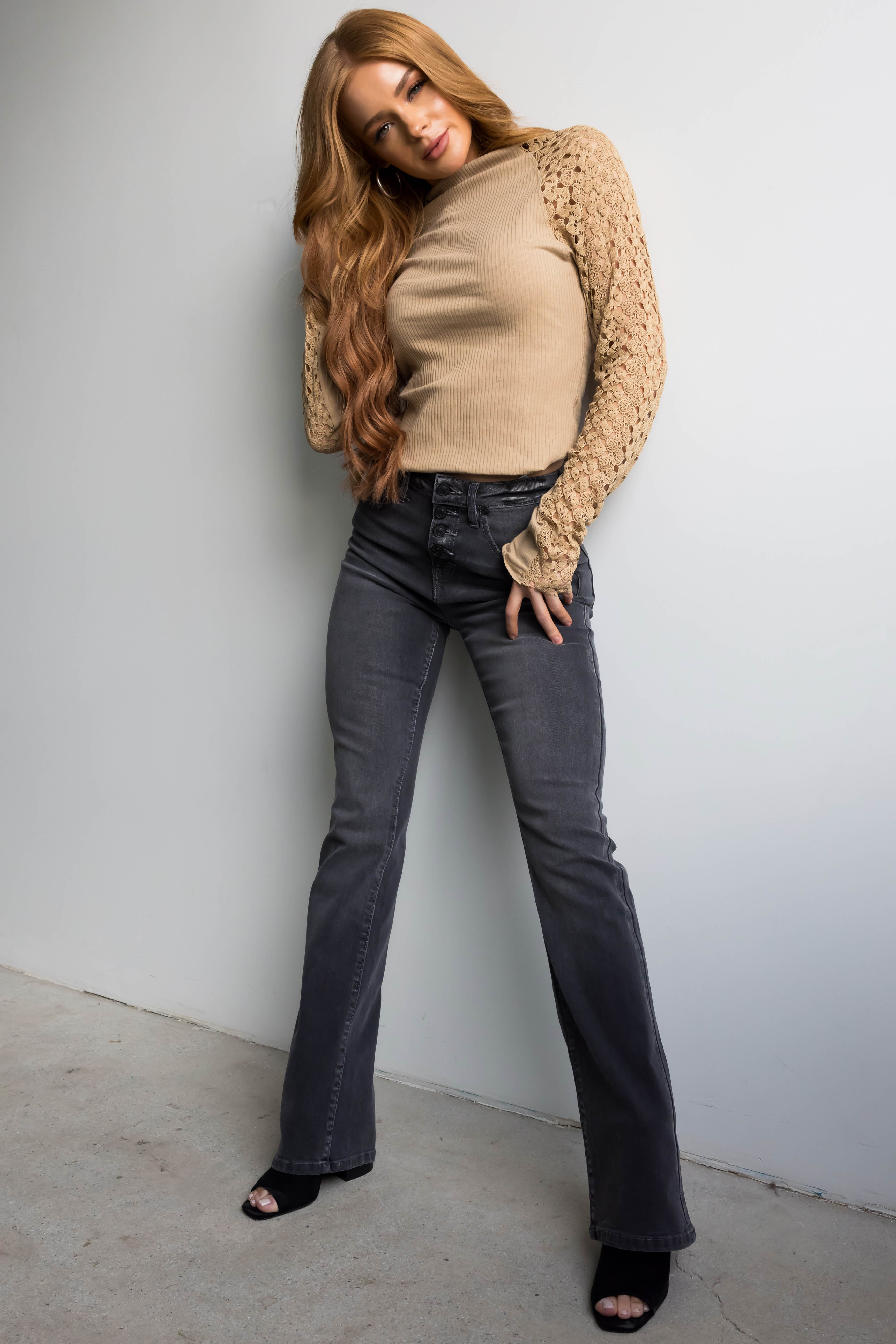 Charcoal High Rise Button Fly Denim Bootcut Jeans