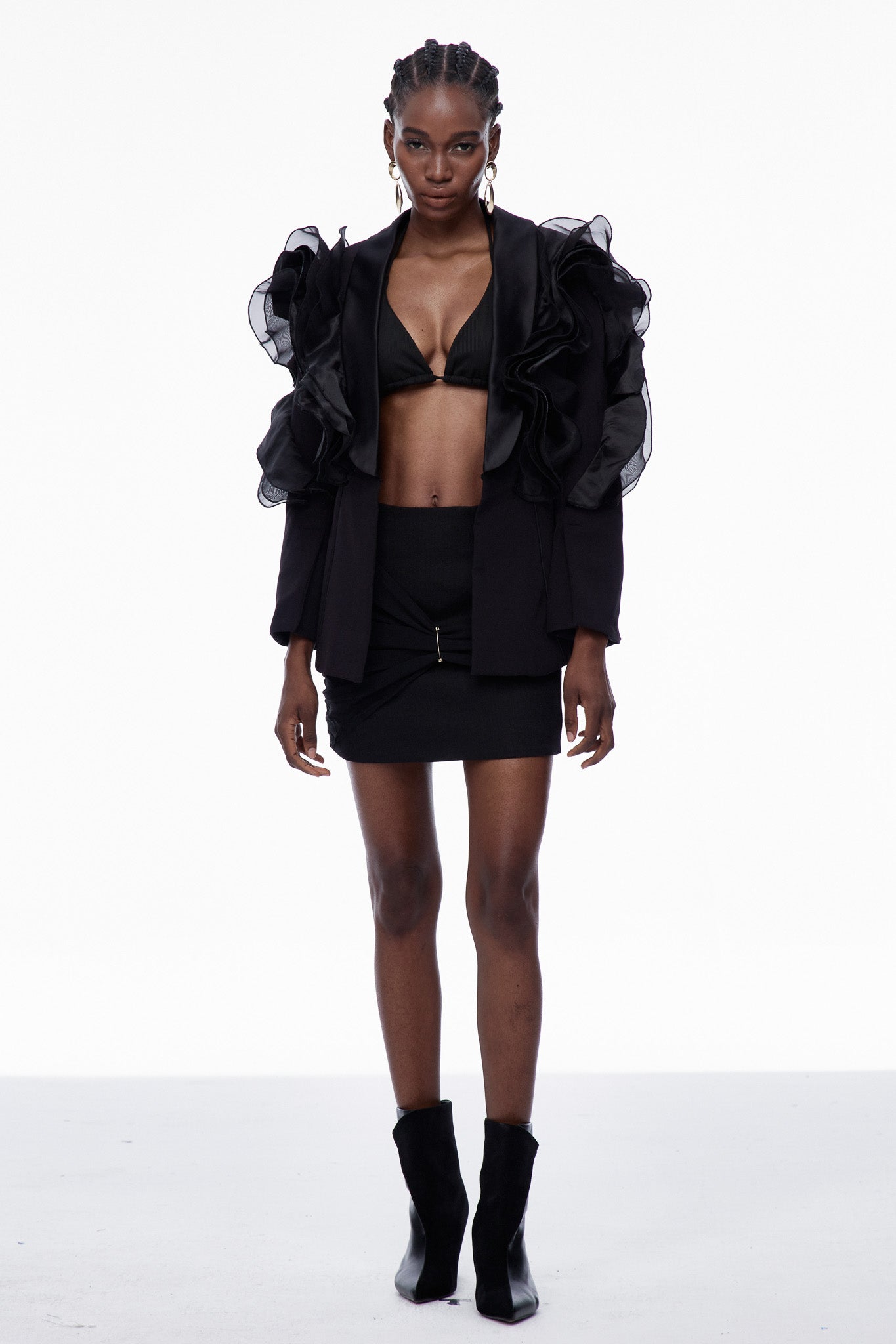 Chic Black Ruffle Blazer with Asymmetric Cut