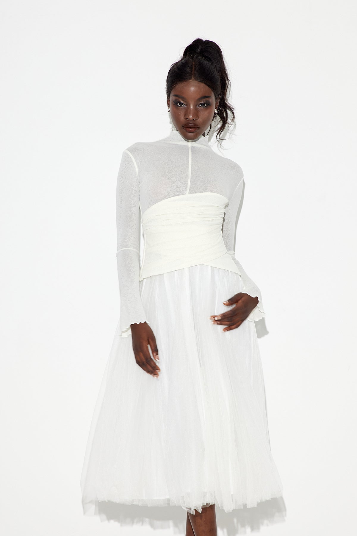 White High Neck Ruched Skirt Set