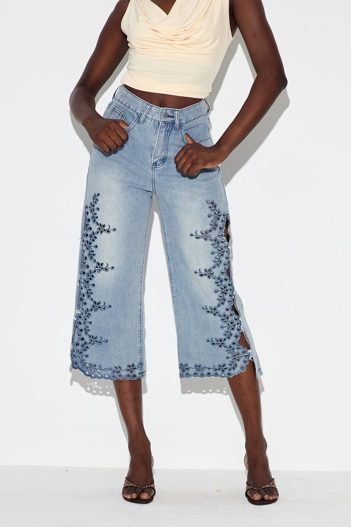 Blue Floral Cutout Skinny Jeans