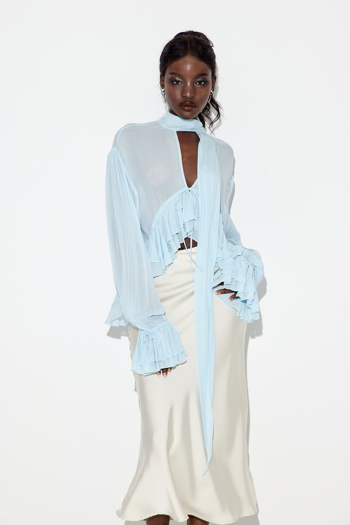 Elegant Plunge Neckline Scarf Top in Blue | Lightweight & Versatile