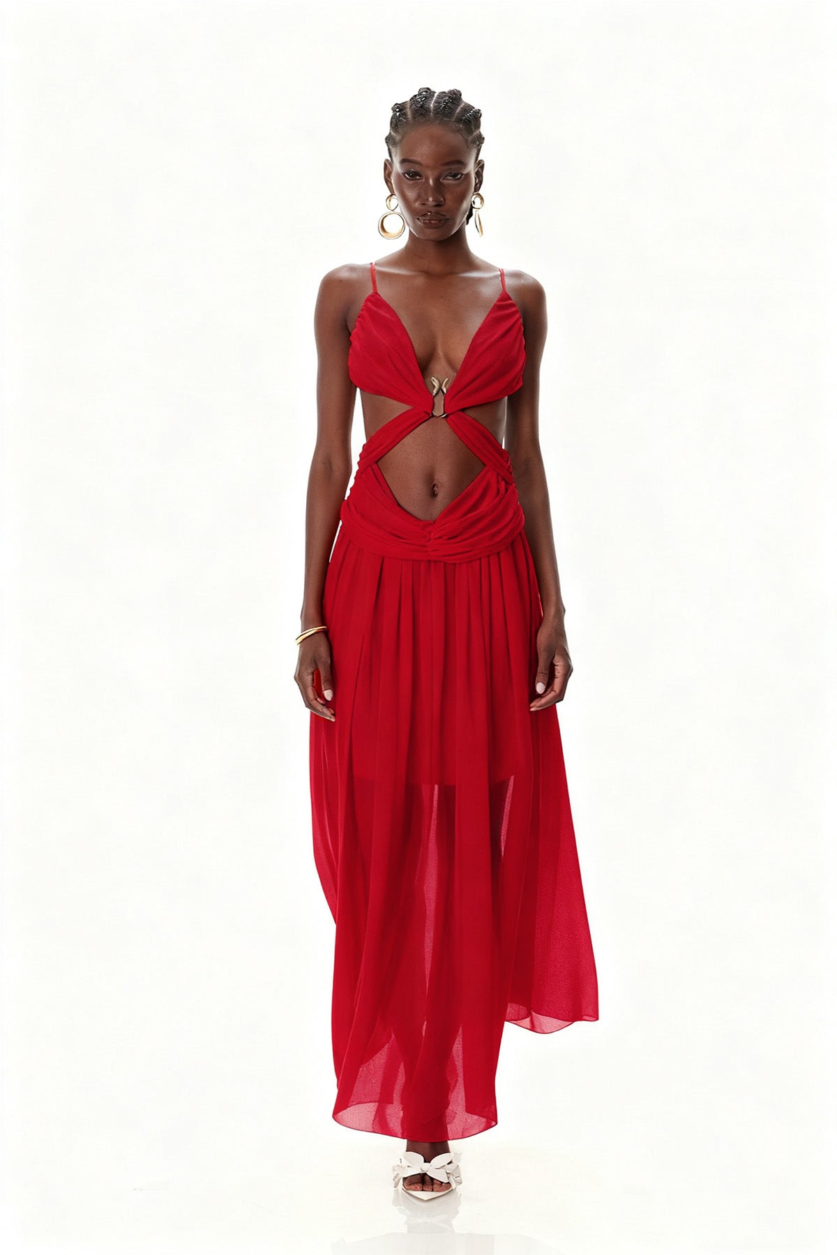 Red Spaghetti Cutout Maxi Dress - Elegant Contemporary Silhouette