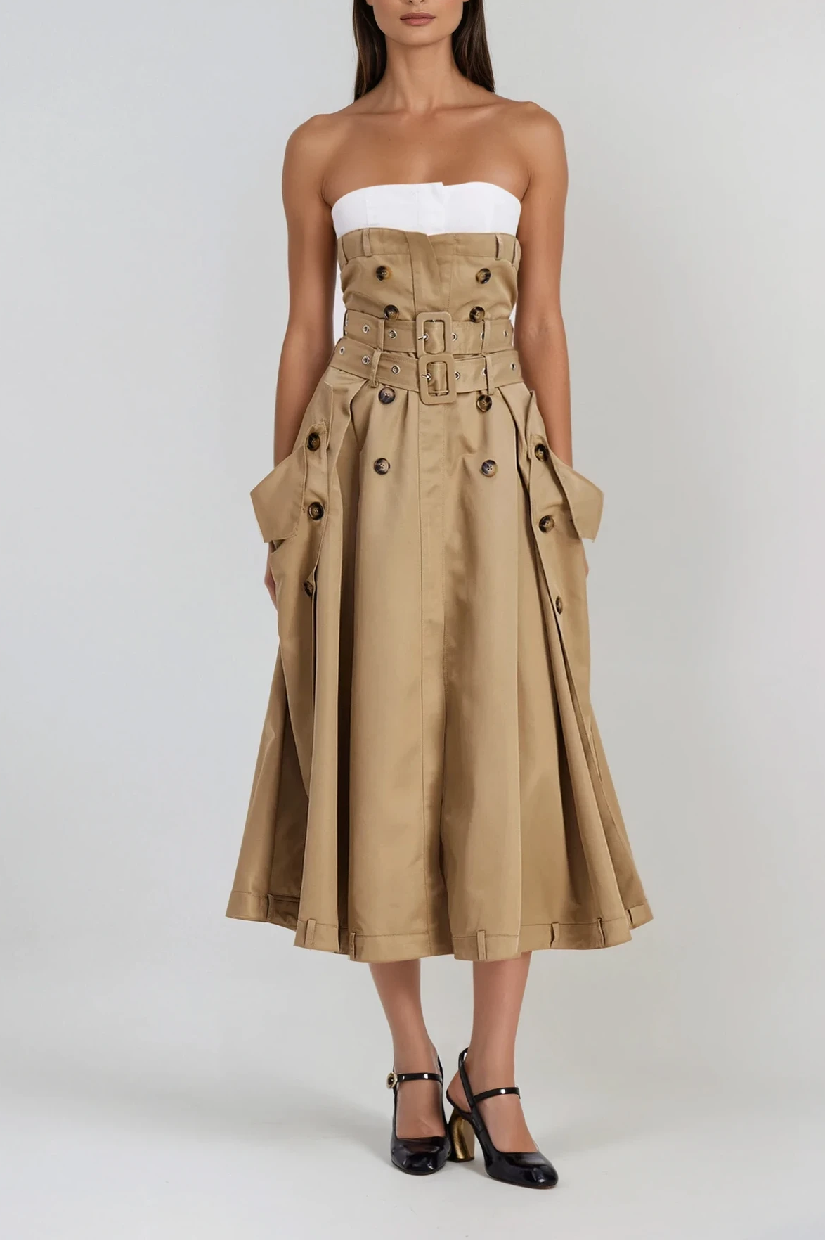 Khaki Strapless Maxi Dress with Adjustable Buckle Detail