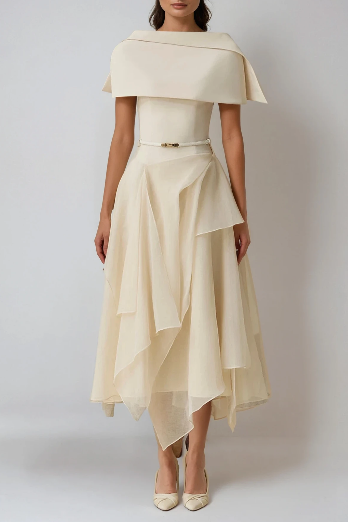 Beige Ruffle Midi Dress with Shawl Collar