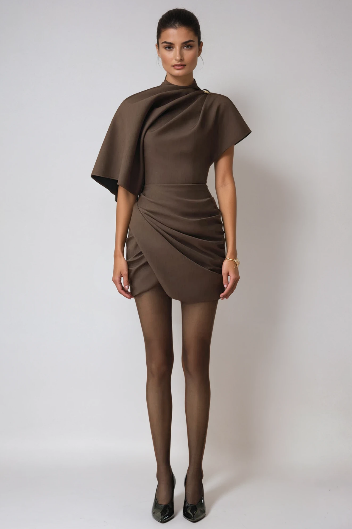 Brown Shawl Ruch Mini Dress for Upscale Events