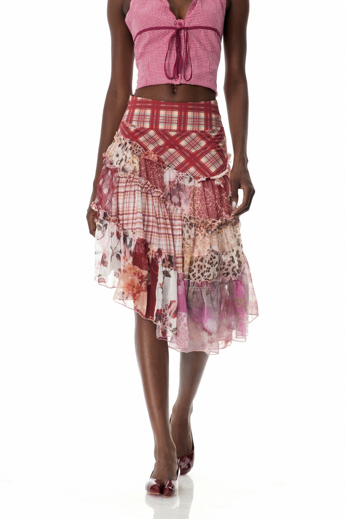 Patchwork Asymmetric Maxi Skirt in Red Romantic Coquette Style