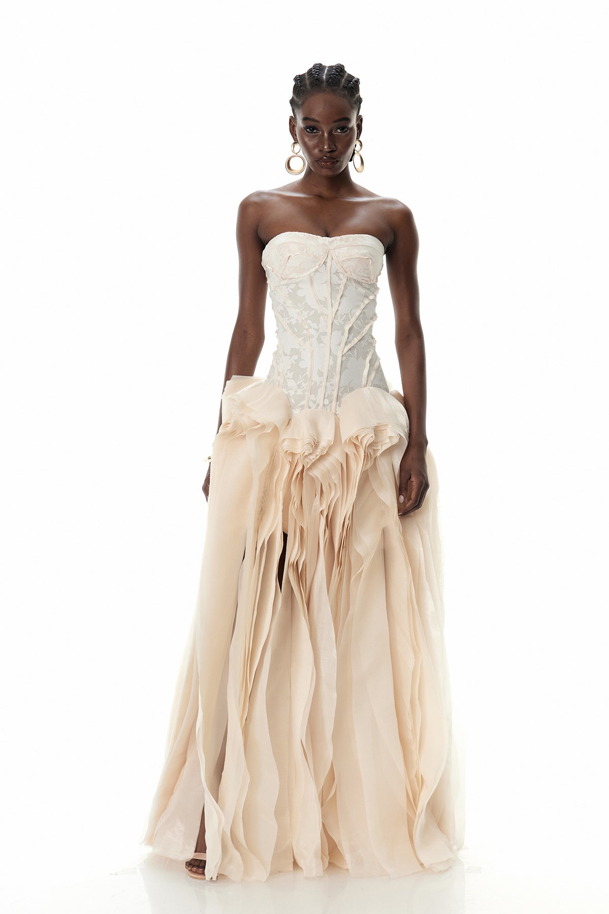 Beige Strapless Corset Mesh Maxi Dress
