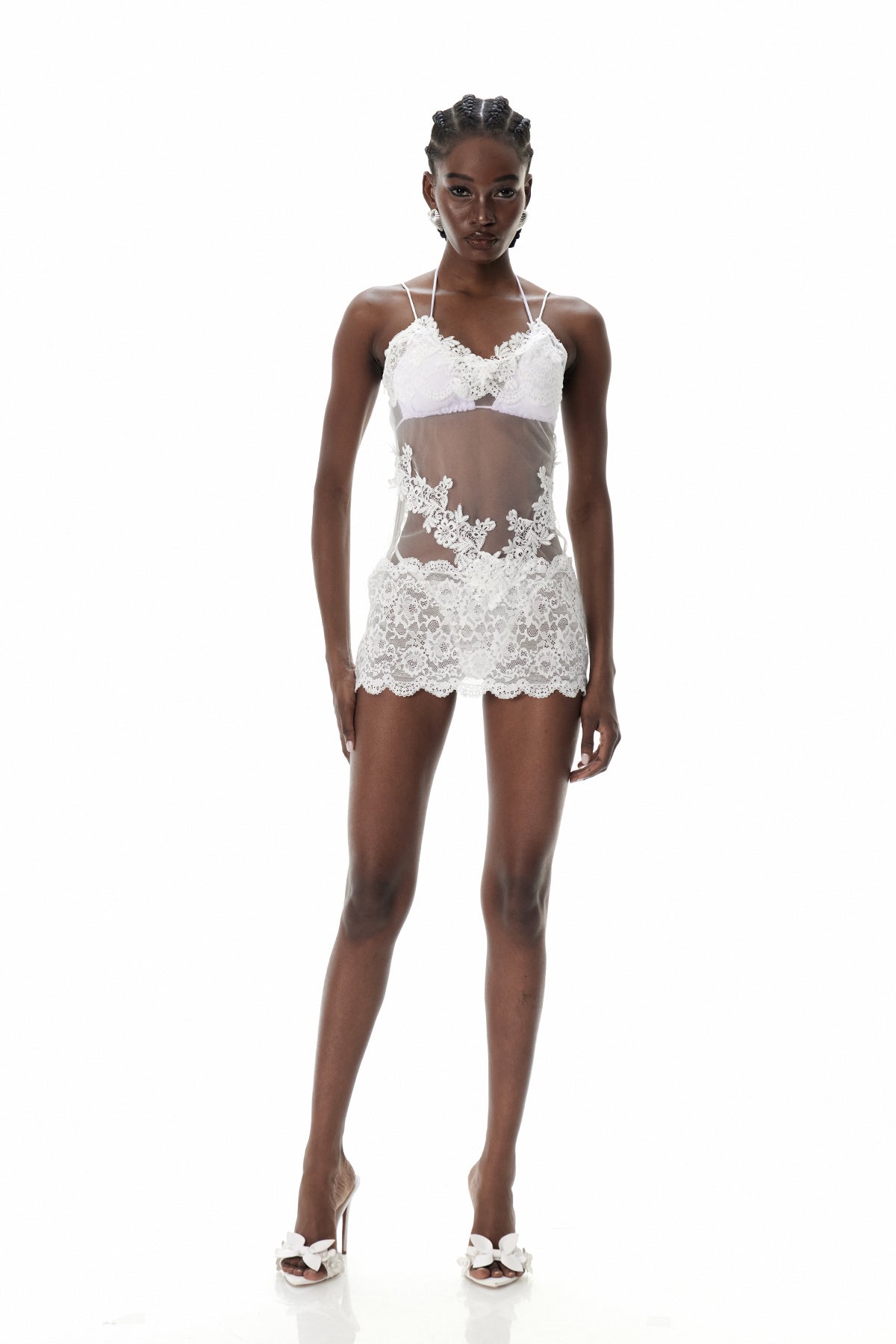 White Lace Mesh Mini Dress - Elegant Evening Wear