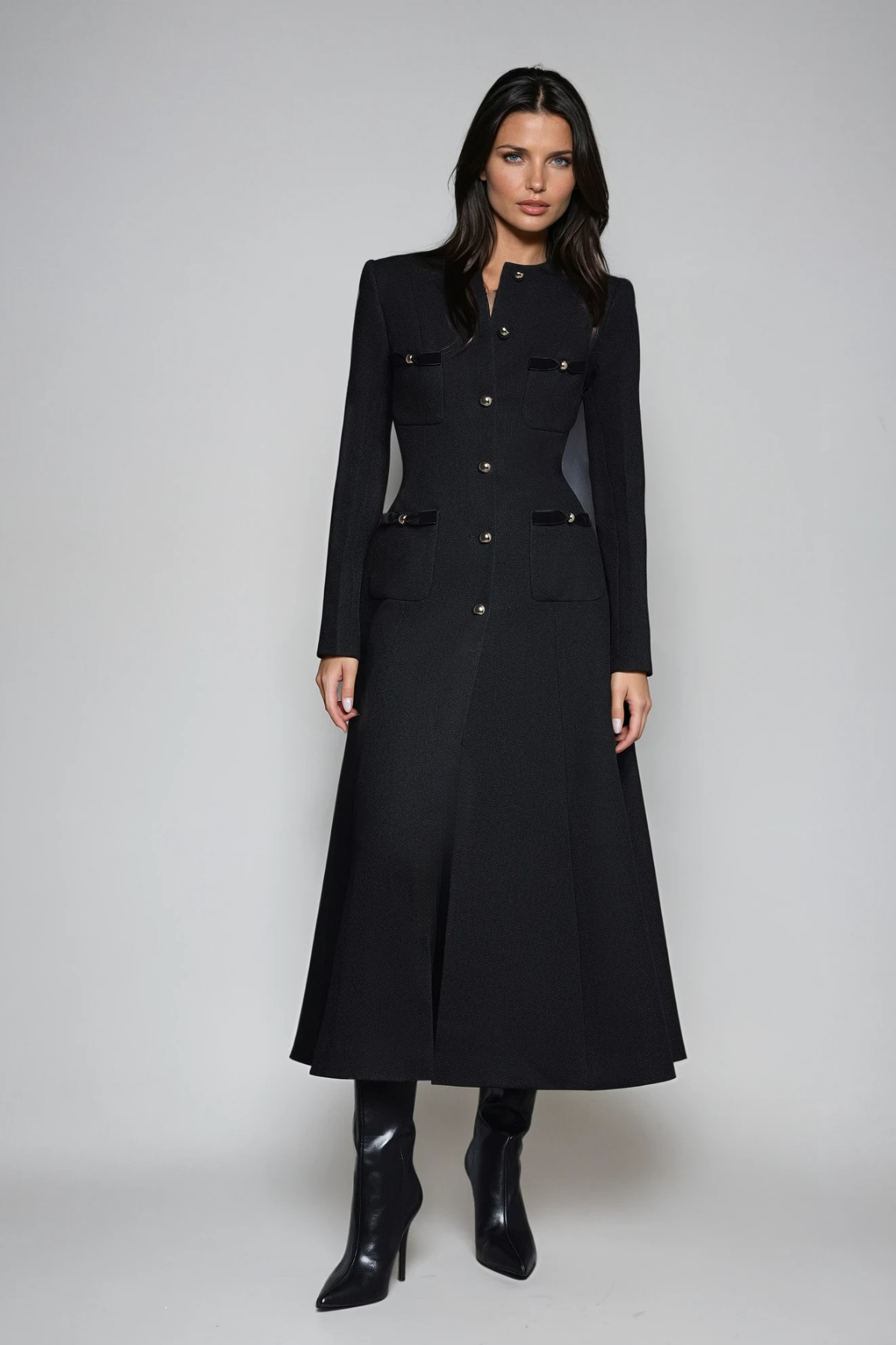 Elegant Black Long Sleeve Split Midi Dress