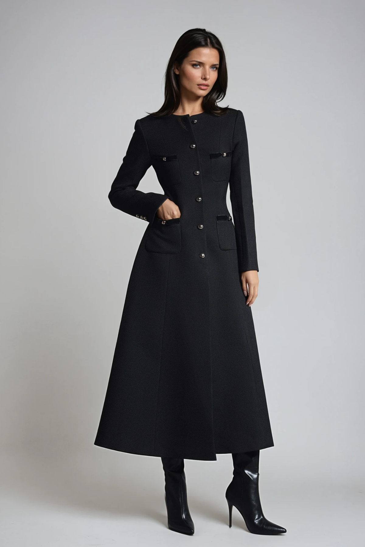 Elegant Black Long Sleeve Split Midi Dress