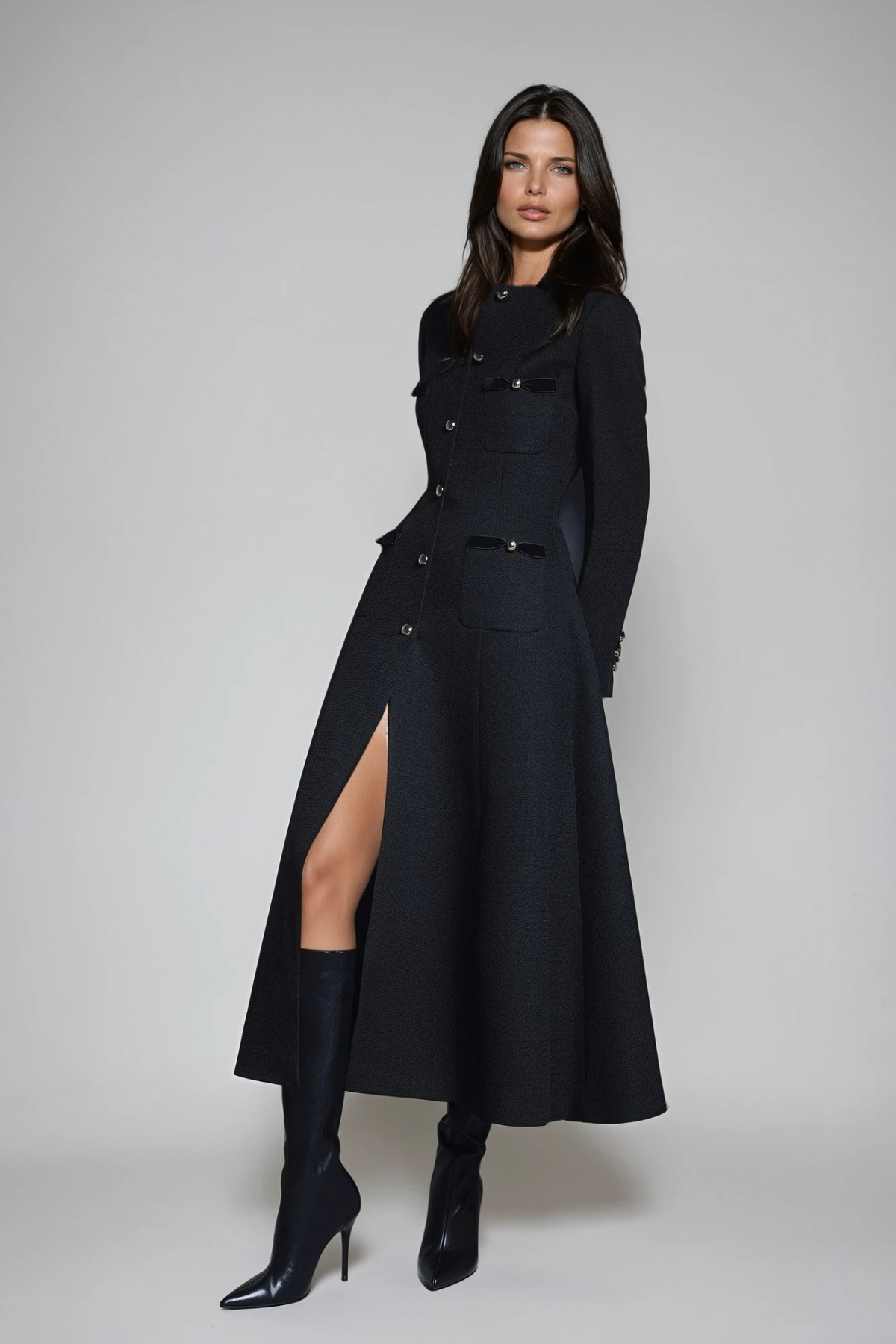 Elegant Black Long Sleeve Split Midi Dress