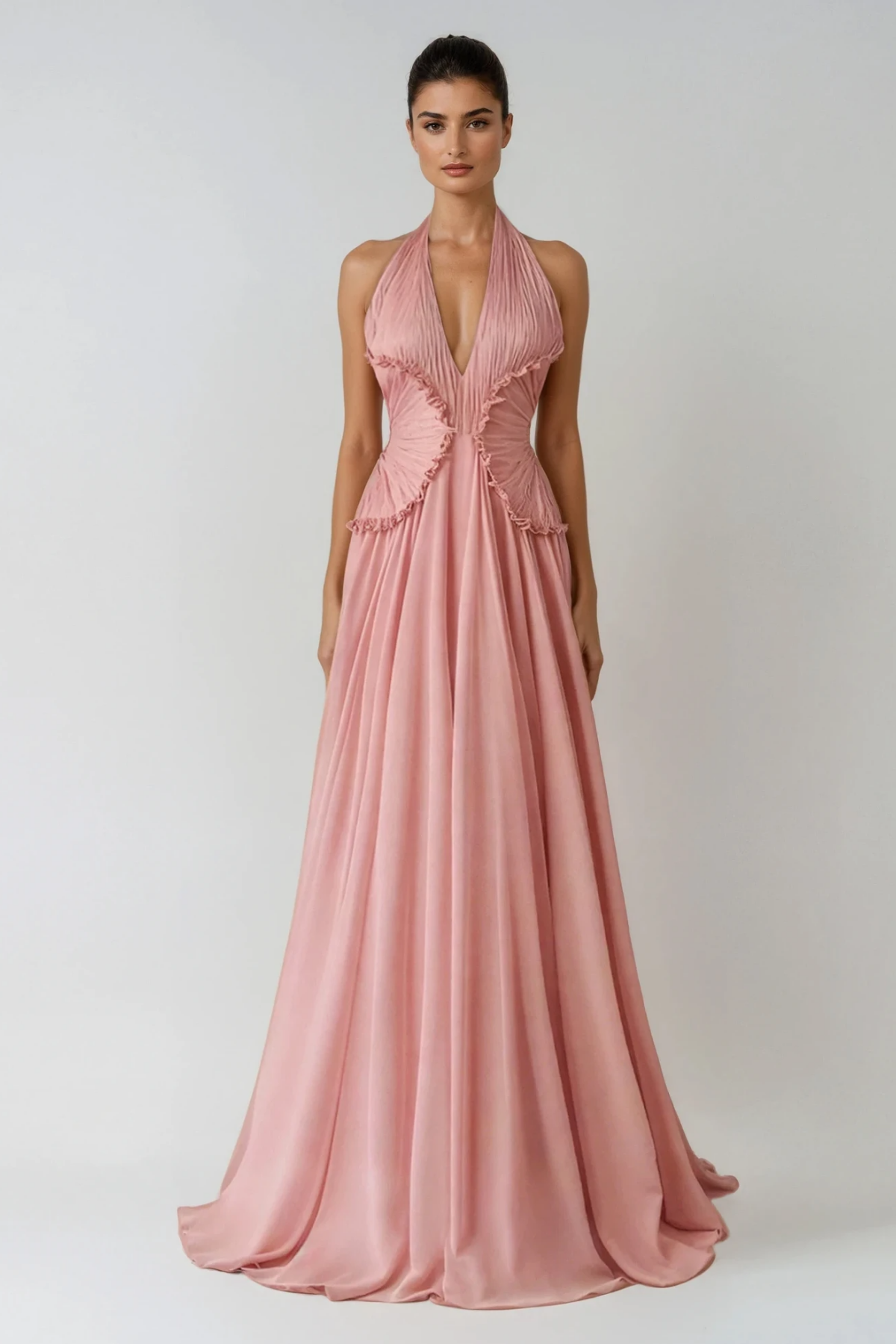 Pink Halter Neck Ruffle Maxi Dress - Elegant & Flattering Design