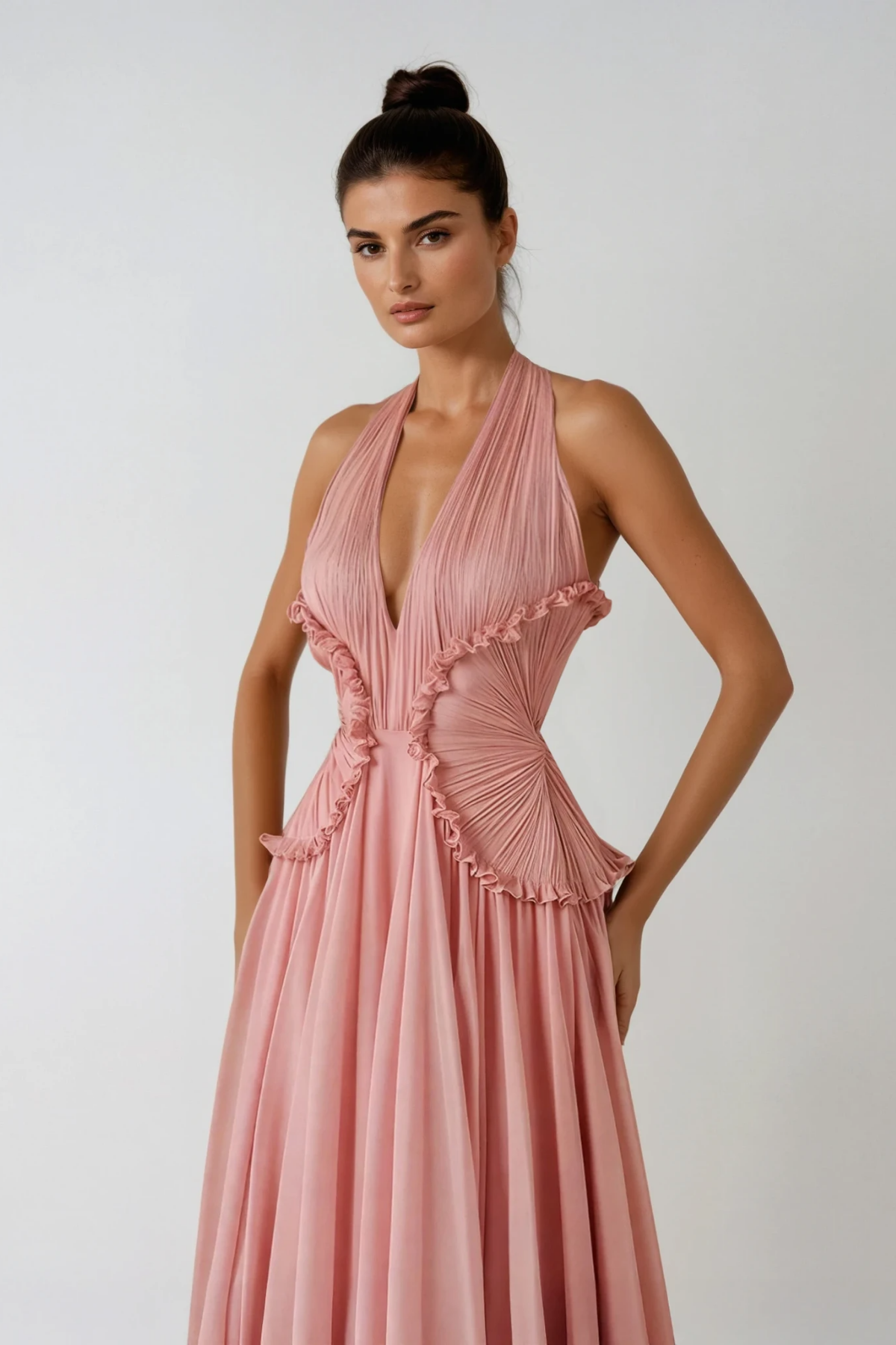 Pink Halter Neck Ruffle Maxi Dress - Elegant & Flattering Design