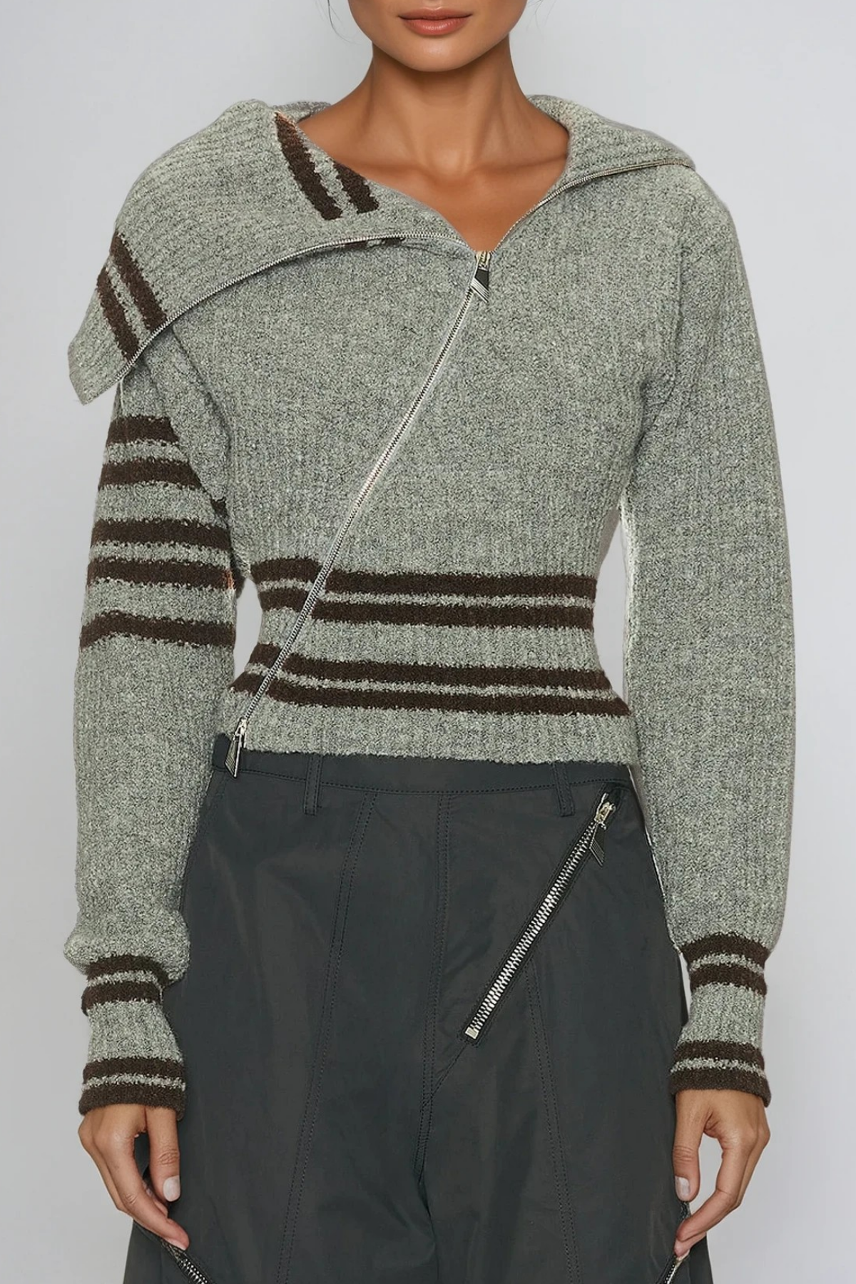 Asymmetric Knit Top with Zipper Detail - Modern Design