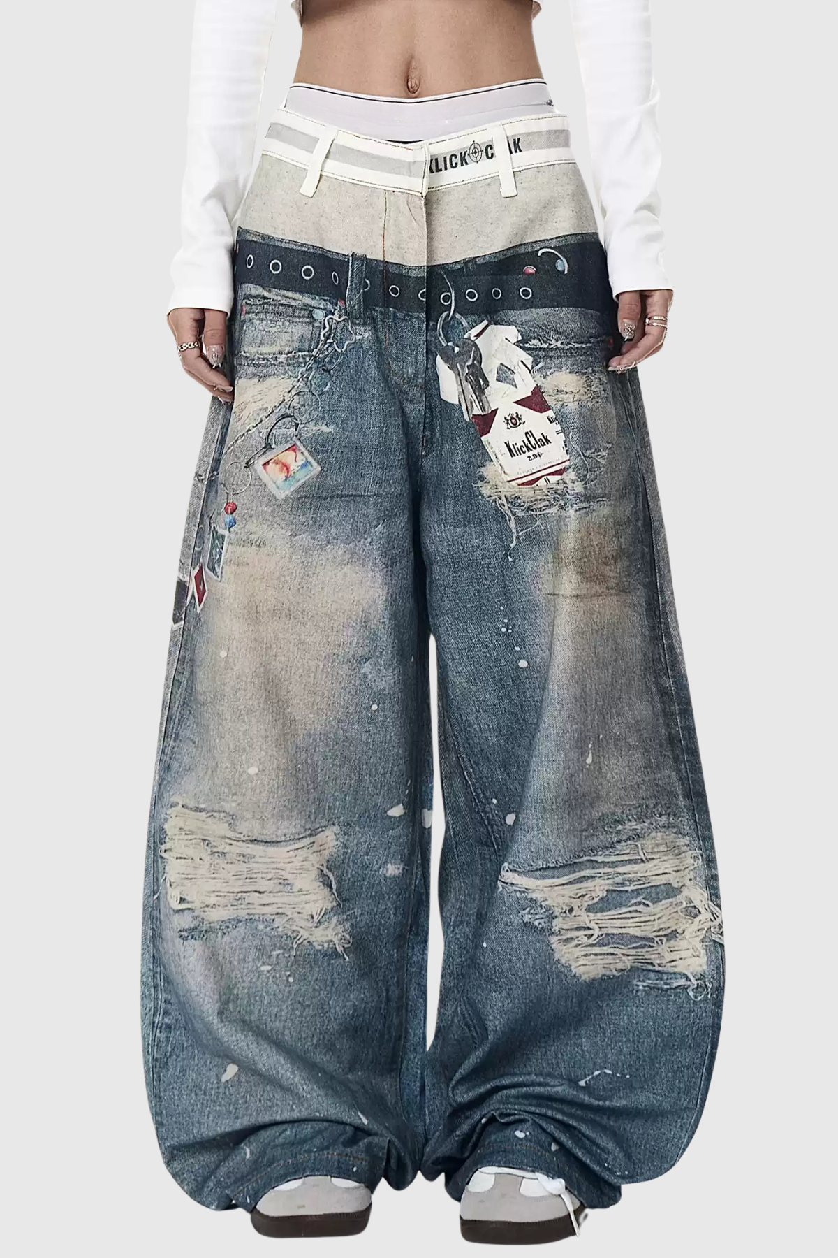 Green Deconstructed Print Wide Leg Jeans