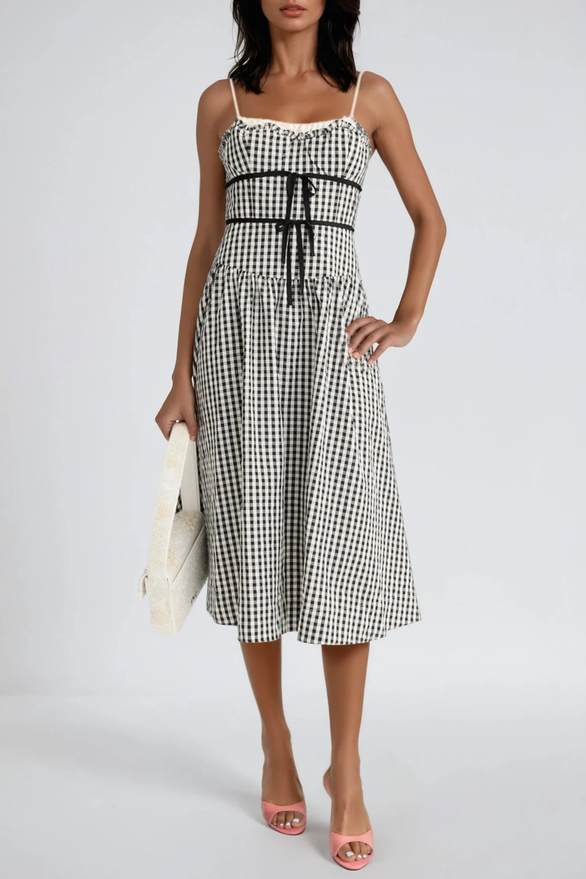 Minimalist Grid Pattern Spaghetti Strap Midi Dress