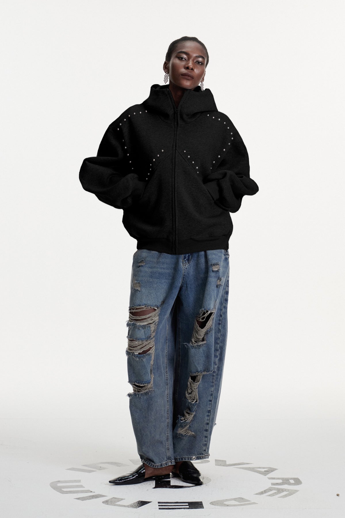 Black Embellished Hooded Jacket for Stylish Outdoor Wear