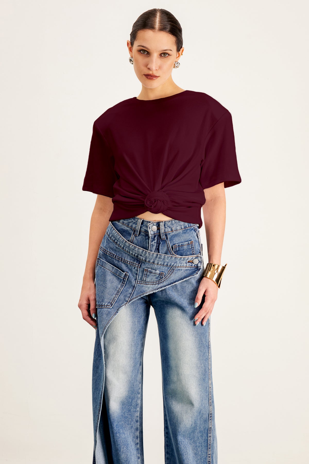 Red Ruched Twist T-Shirt for Women
