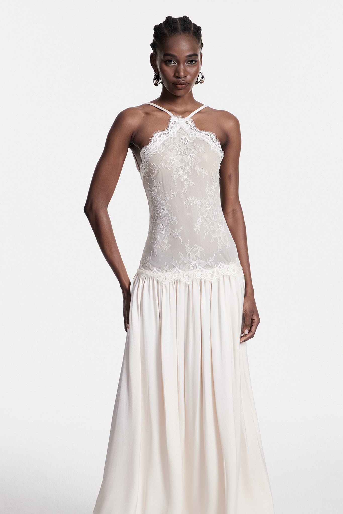 White Floral Lace Maxi Dress with Ruched Design