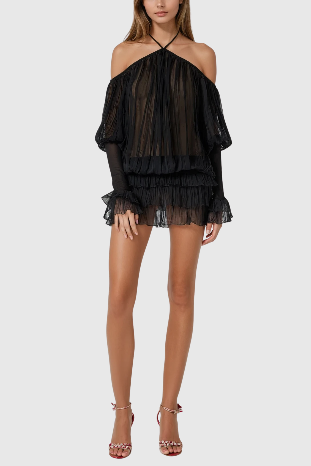 Black Halter Neck Ruffle Mini Dress