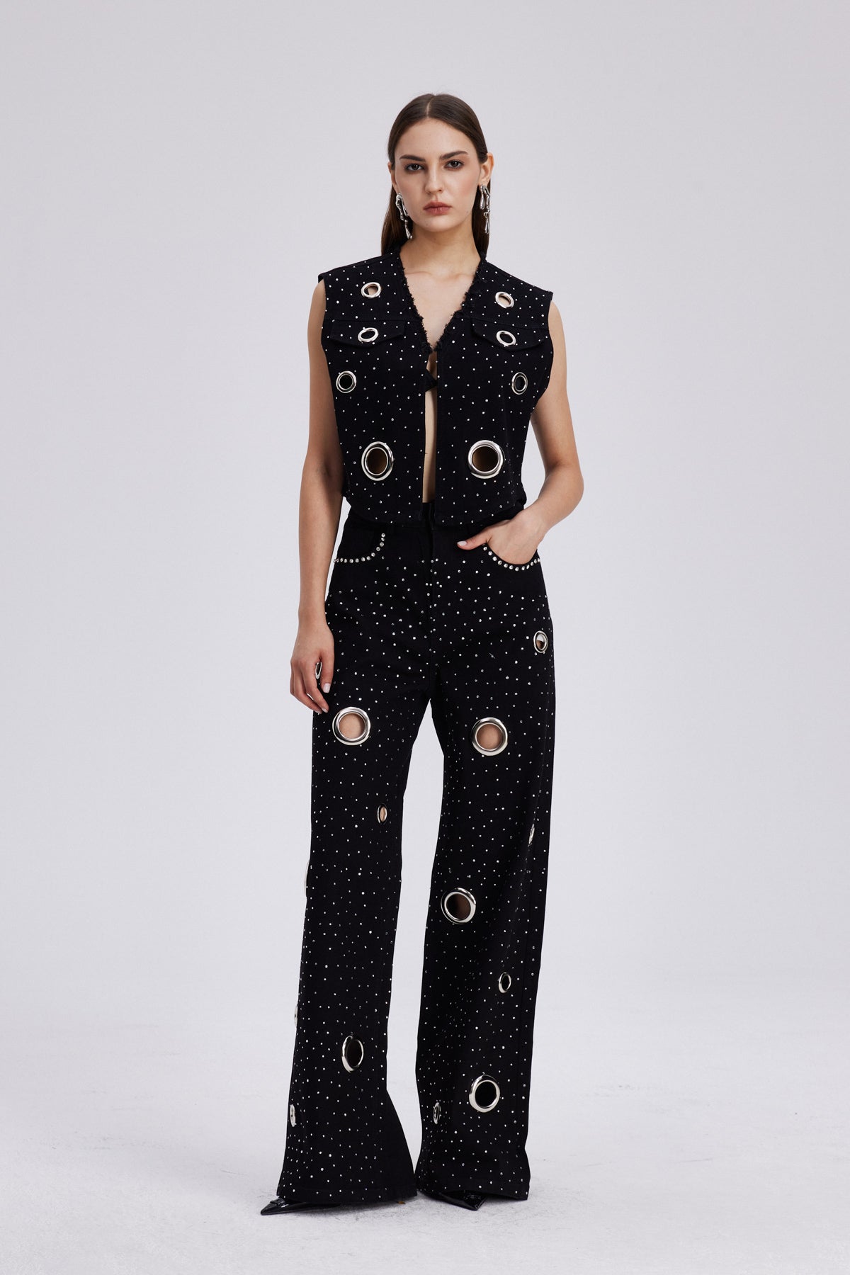Embellished Cutout Denim Pants Set
