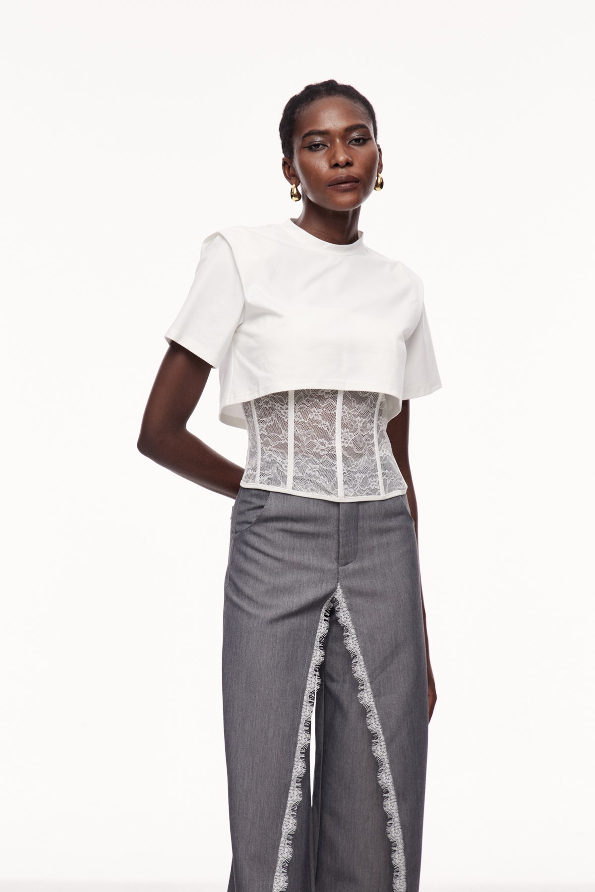 White Lace Corset T-Shirt for Women