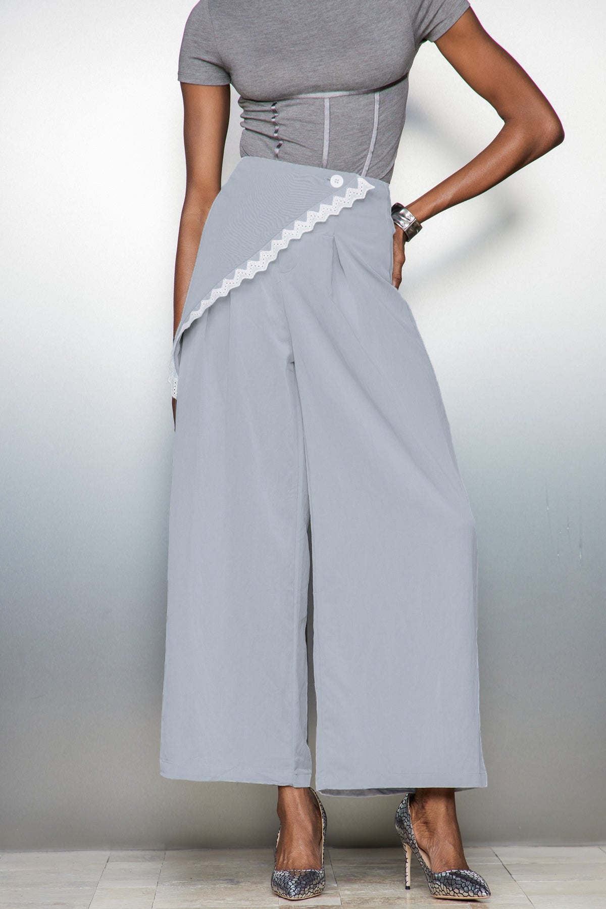 Blue Lace Asymmetric Pants - Elegant Design