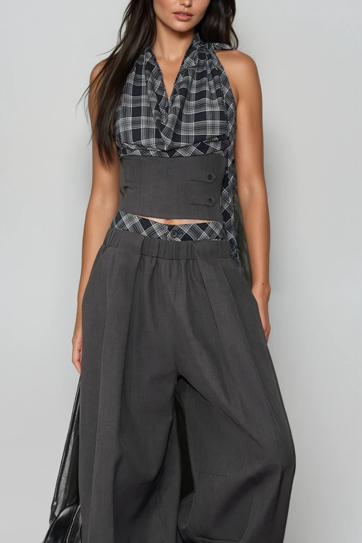 Modern Grid Wide-Leg Pant Suit in Grey