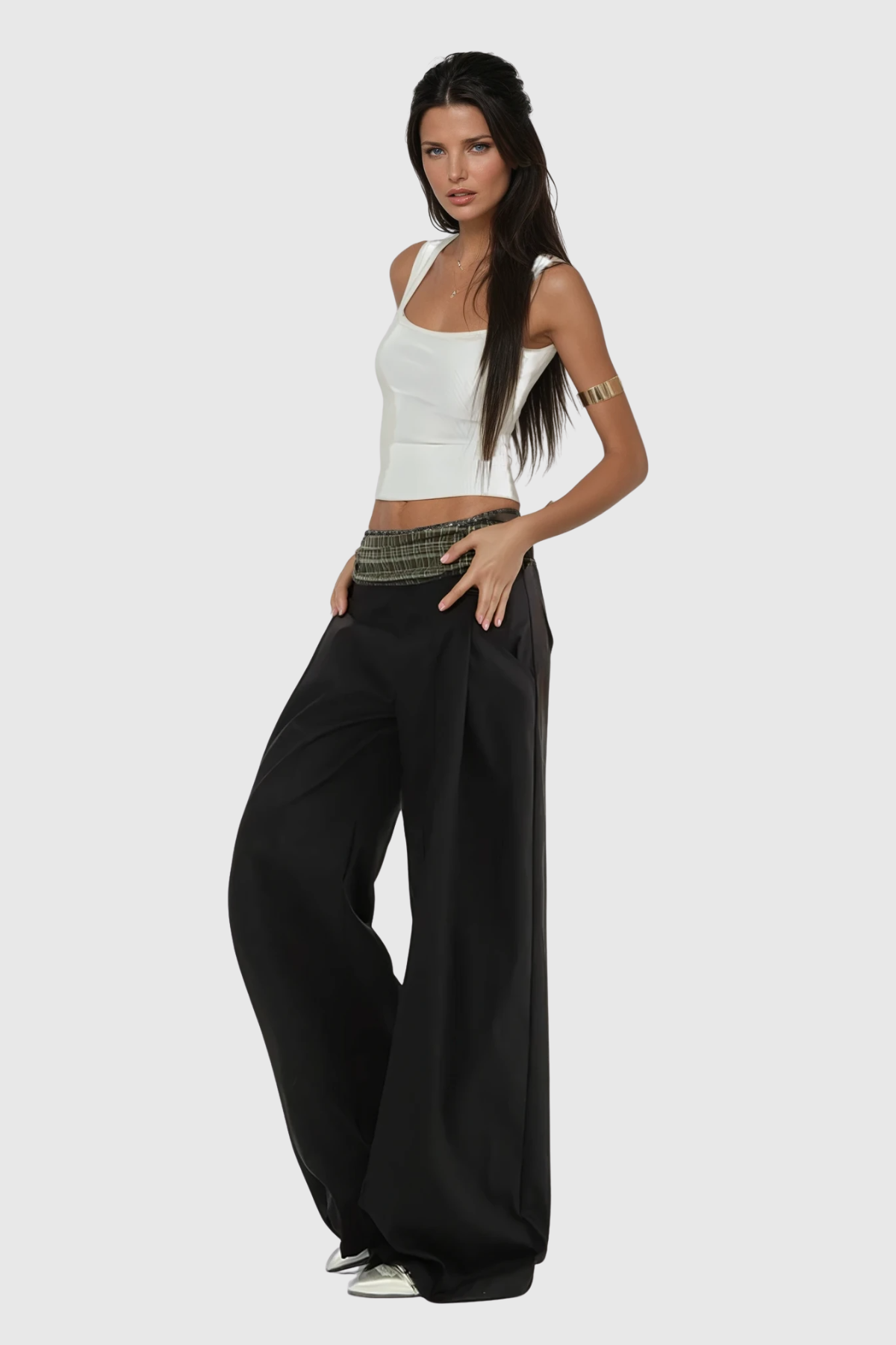 Versatile Black Wide Leg Grid Pattern Pants