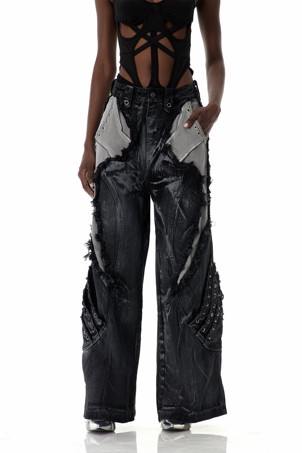 Black Deconstruct Fringe Jeans for Edgy Style