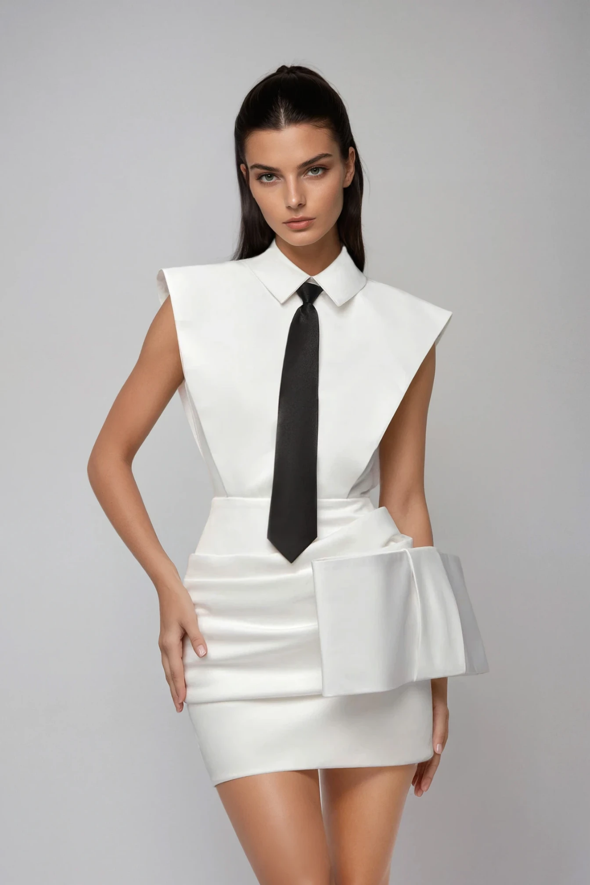 White Sleeveless Ruched Skirt Set