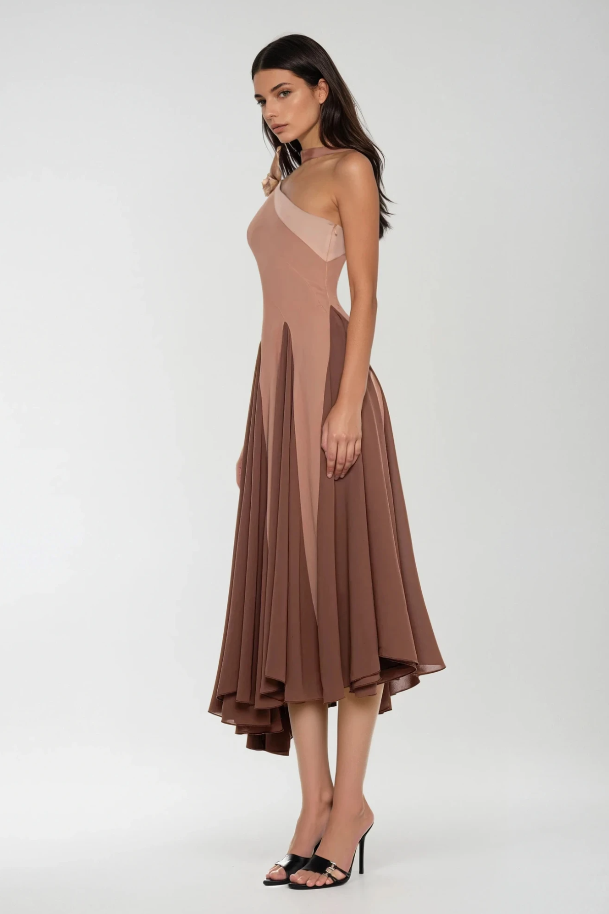 Pink Chic One Shoulder Ruffle Midi Dress