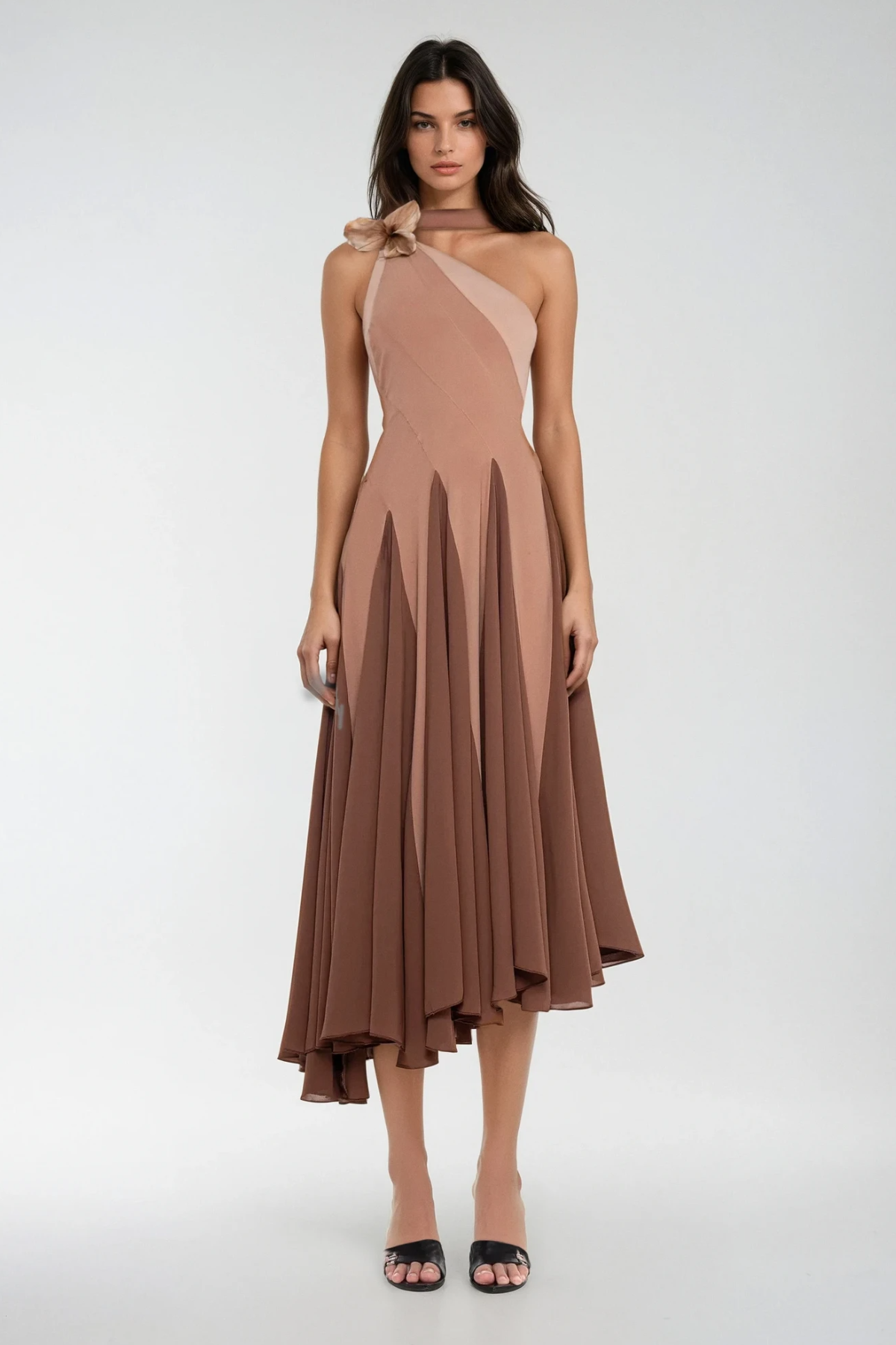 Pink Chic One Shoulder Ruffle Midi Dress