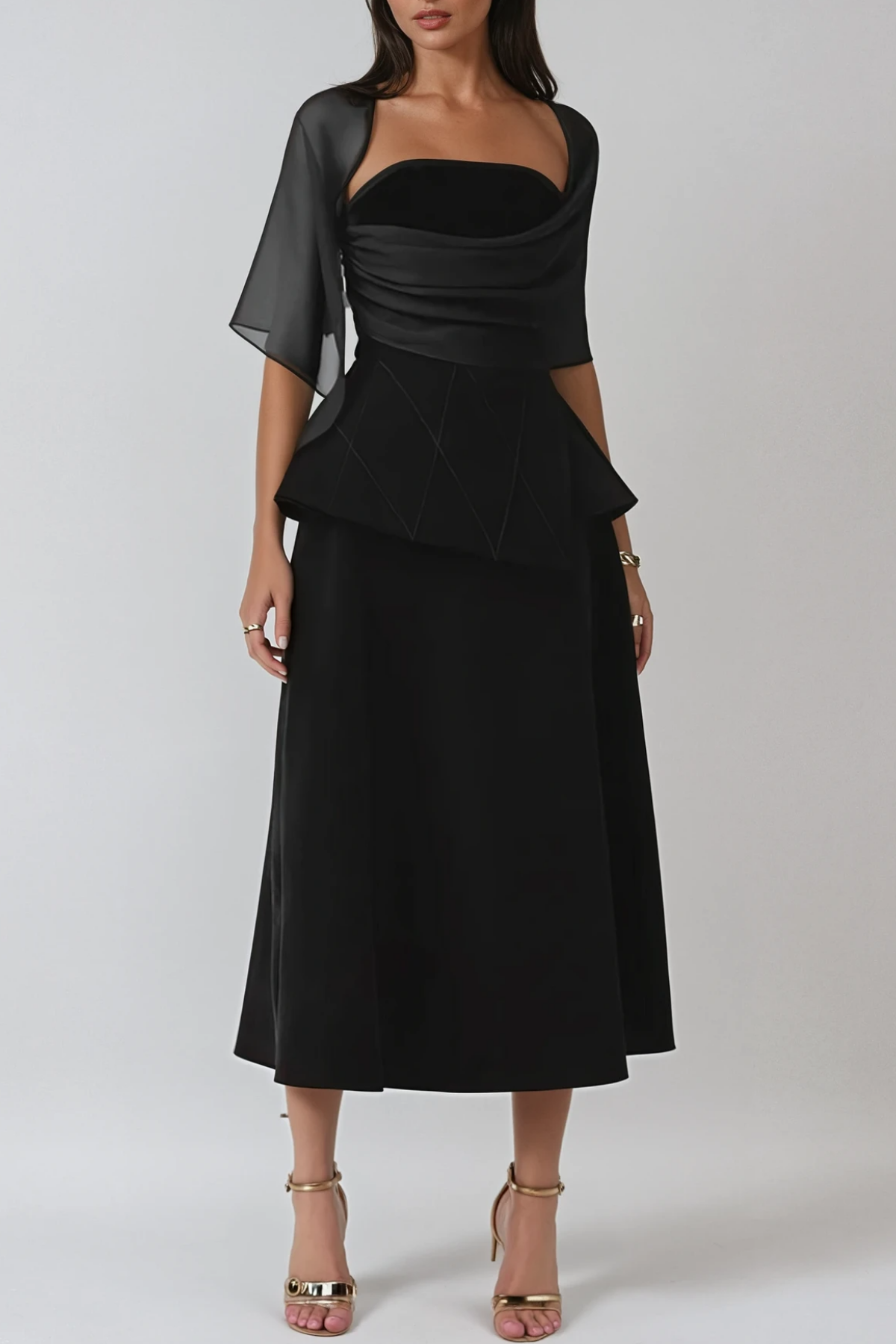Elegant Black Mesh Shawl Maxi Dress for Formal Events