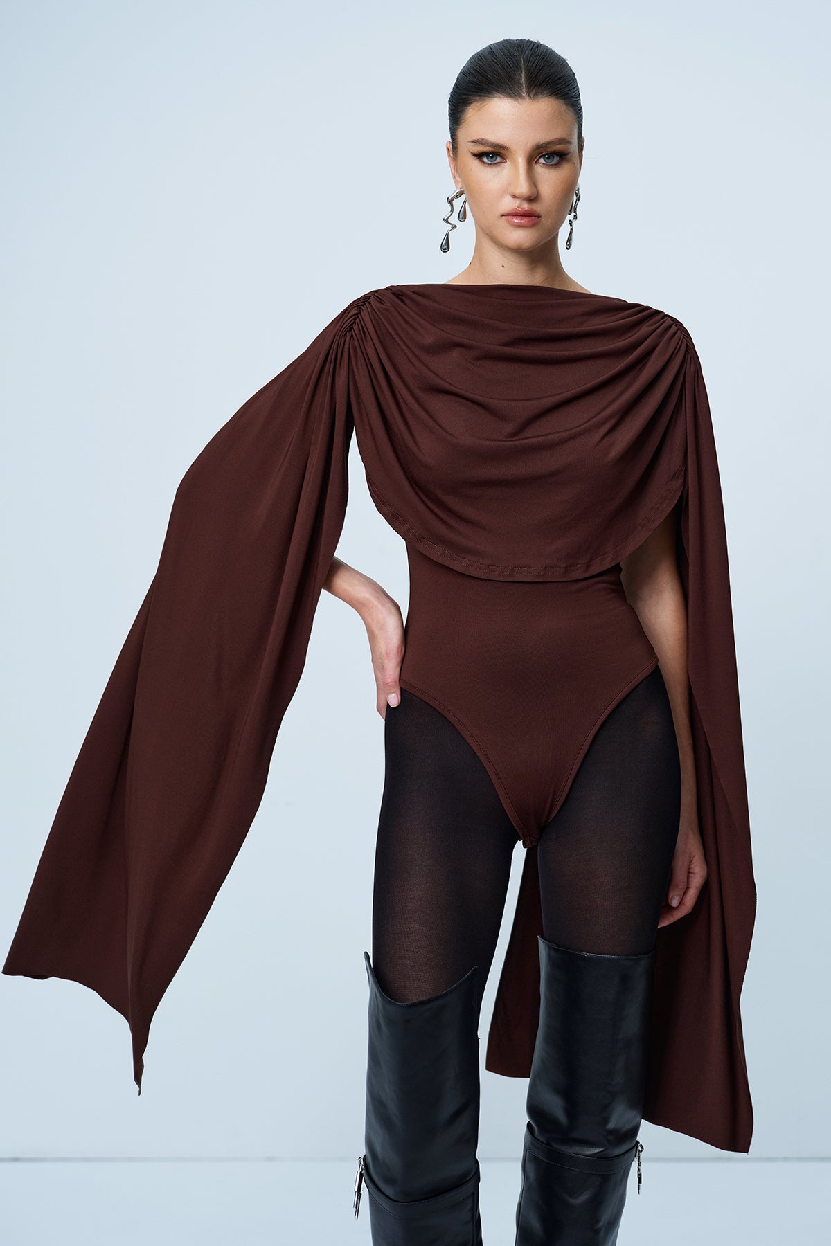 Red Cowl Neck Ruch Shawl Romper - Stylish & Comfortable