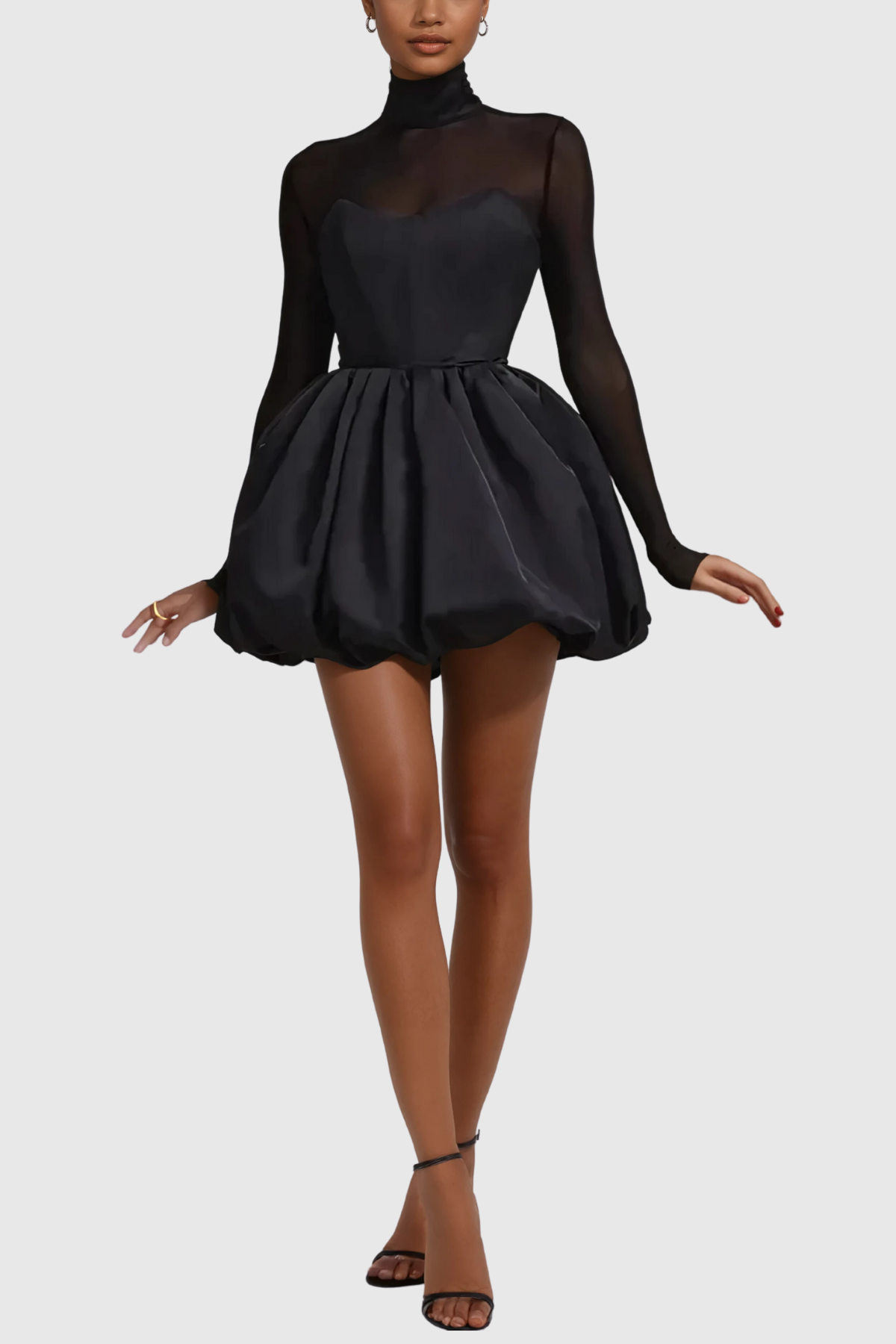 Black Satin Stand Collar Corset Mini Dress
