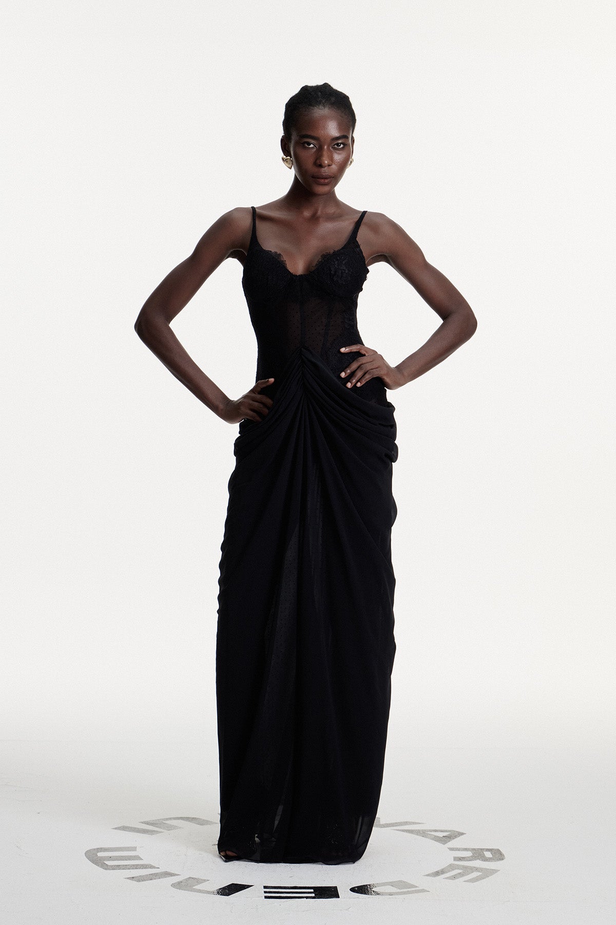 Black Lace Ruch Maxi Dress