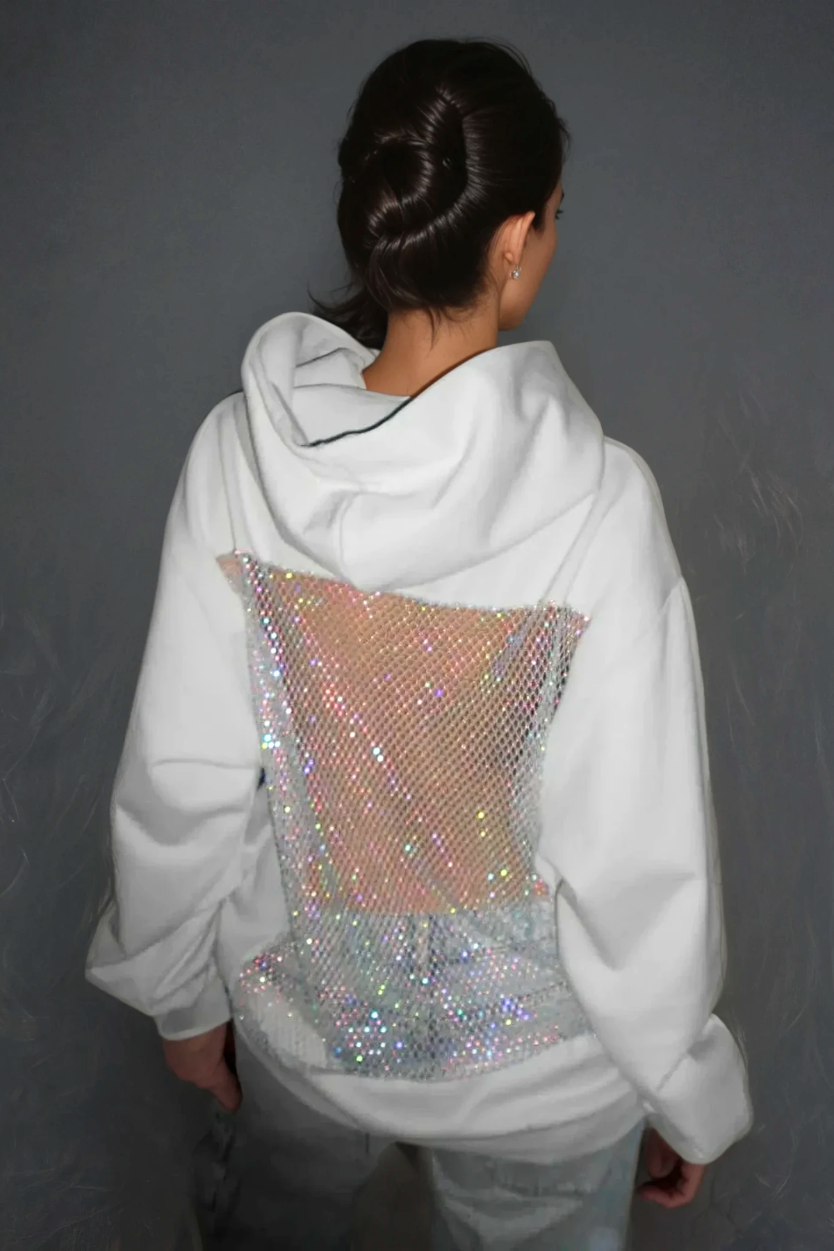 White Hooded Rhinestone Mesh Top - Modern Sheer Glamour