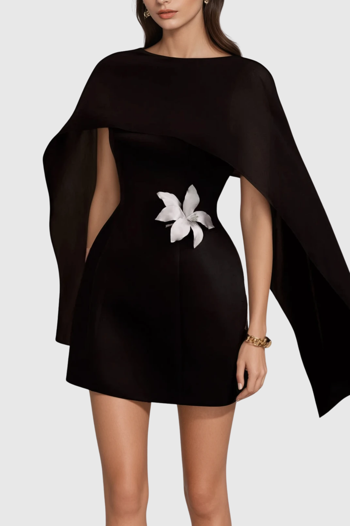 Black Floral Shawl Collar Mini Dress - Chic Essential