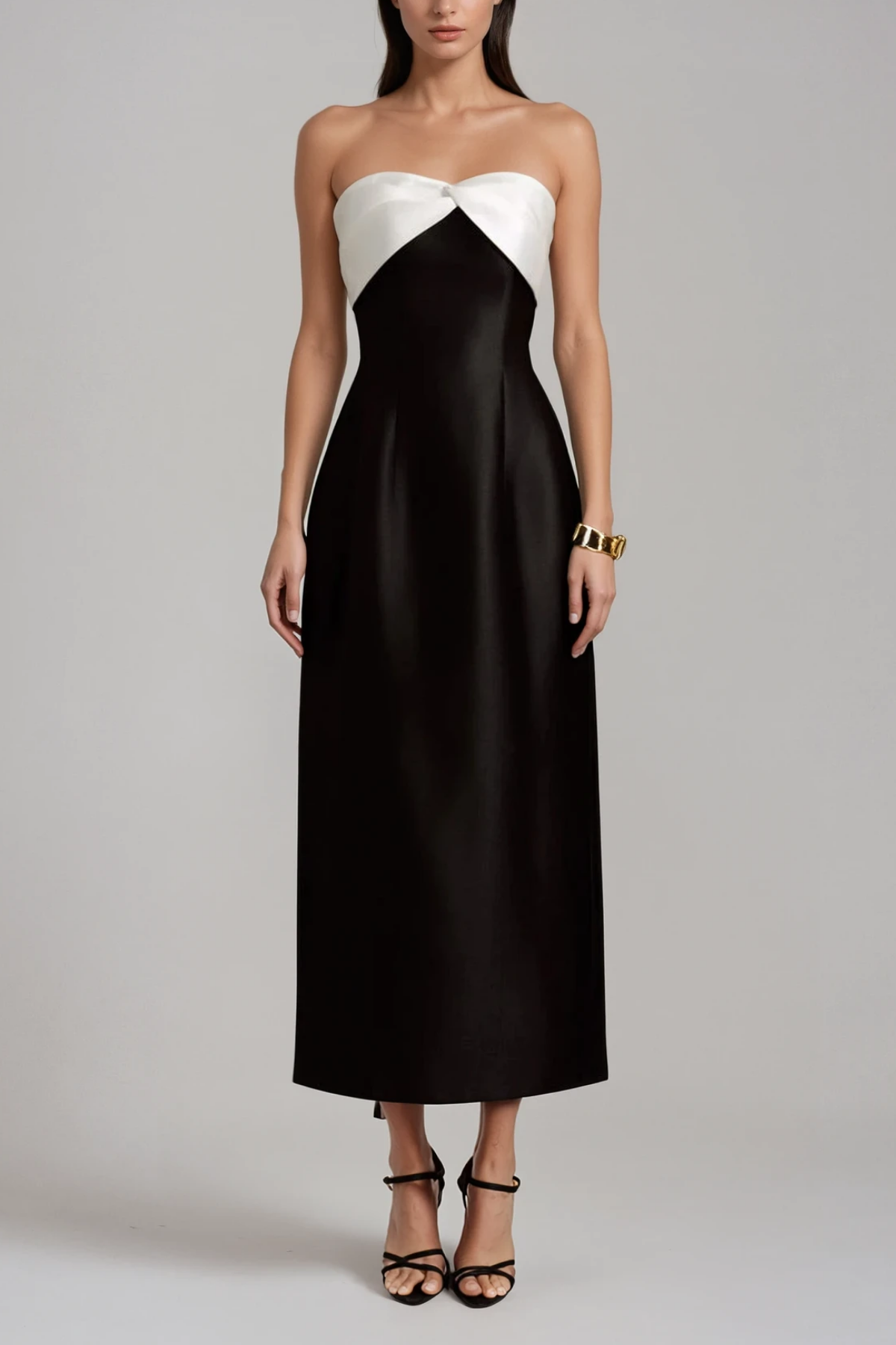 Black Satin Strapless Bow Maxi Dress